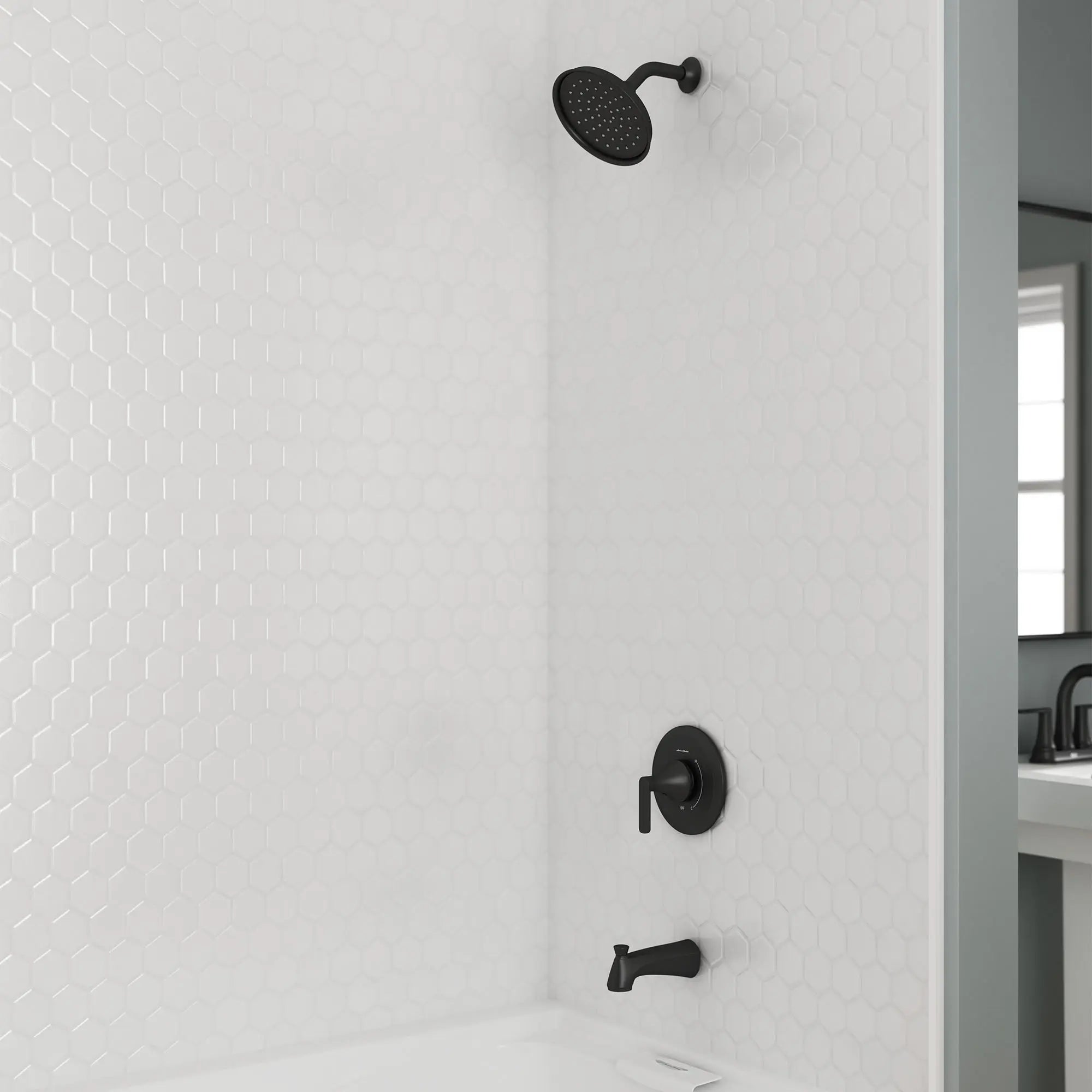 Corsham 1.8 gpm/6.8 L/min Tub and Shower Trim Kit With Water-Saving Showerhead, Double Ceramic Pressure Balance Cartridge With Lever Handle // MATTE BLACK // 154610_B-7428508.243_Close_up_0_CDNwebp.webp