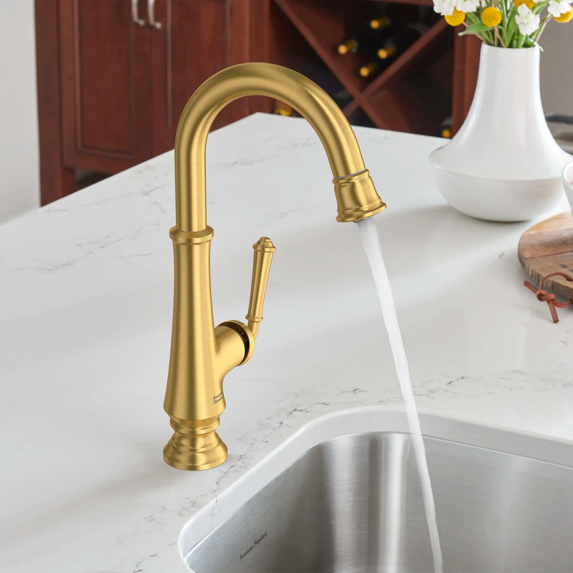 Delancey® Single-Handle Pull-Down Bar Faucet 1.5 gpm/5.7 L/min // BRUSHED COOL SUNRISE // 166659_Delancey_EnvironmentCloseUp_4279410.GN0_0002_Jul2023_0_CDNwebp.webp
