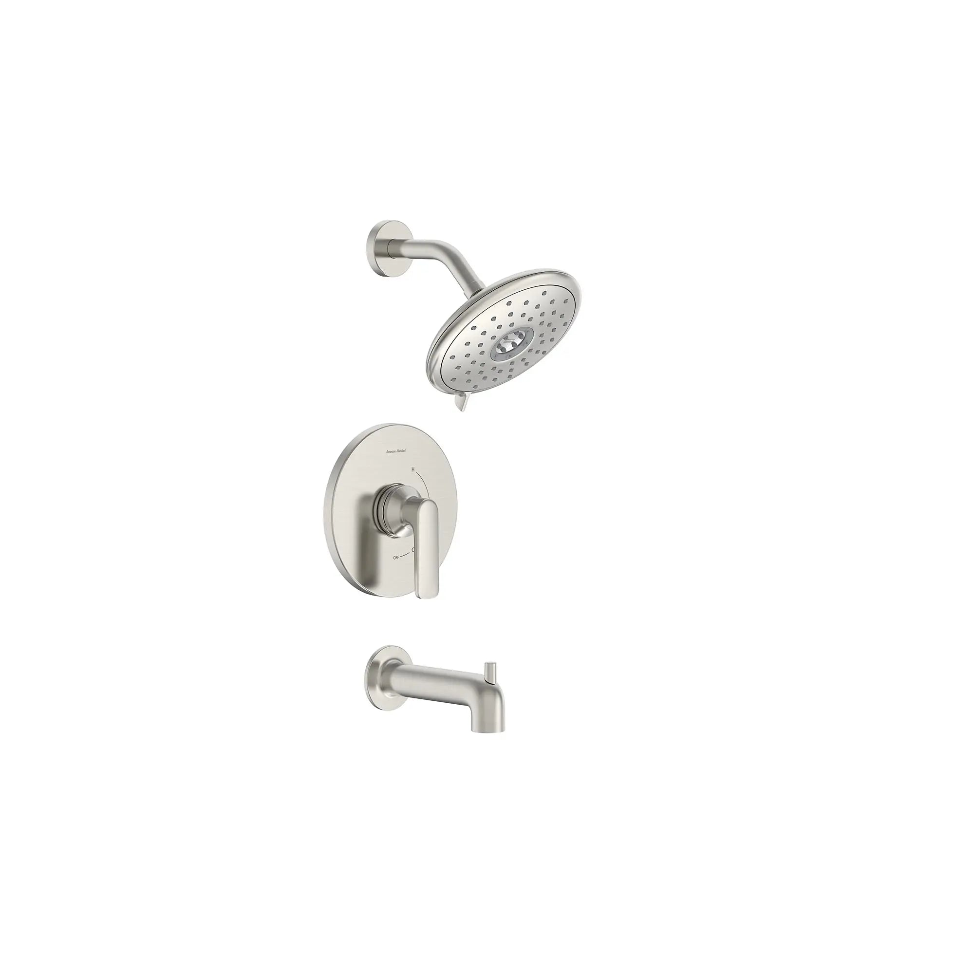 Aspirations 1.8 gpm/6.8 L/min Tub and Shower Trim Kit With Water-Saving Showerhead and Double Ceramic Pressure Balance Cartridge With Lever Handle // TUB & SHOWER / BRUSHED NICKEL // 168507_Aspirations_SiloRight_tu061508.295_0001_Feb2023_0_CDNwebp.webp