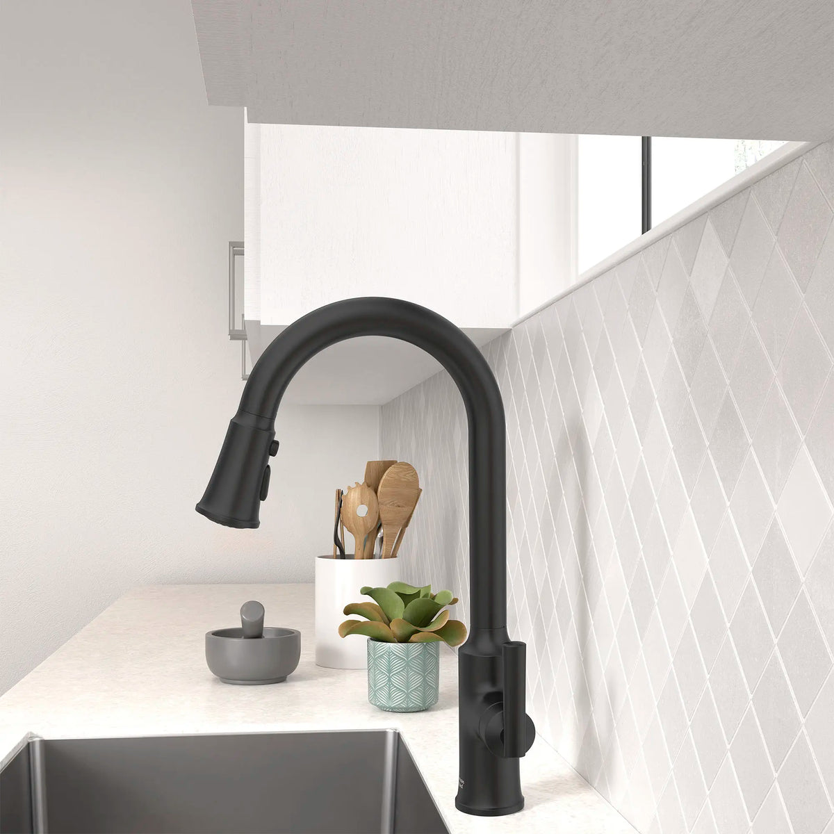 Raviv® Single-Handle Pull-Down Kitchen Faucet // MATTE BLACK // 168986_Raviv_Environment_7421300.243_0003_Apr2023_0_CDNwebp_152bab7e-c48e-410b-b905-e8ca1c883f8b.webp