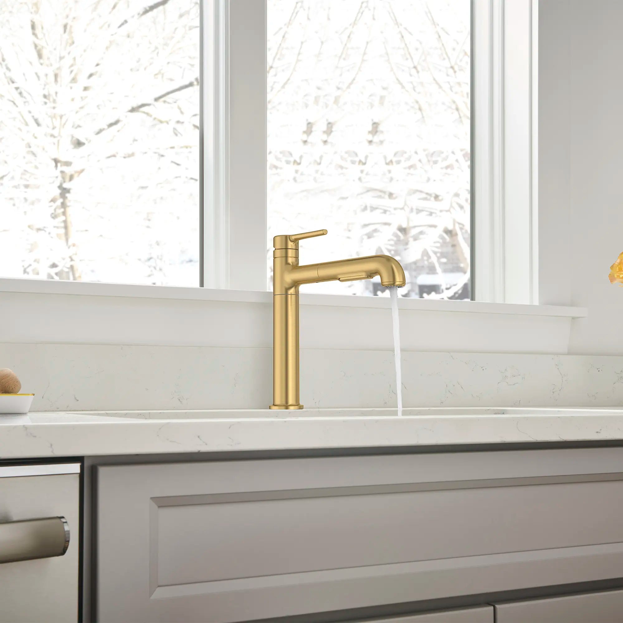 Studio® S Pull-Out Dual Spray Kitchen Faucet // BRUSHED COOL SUNRISE // 169318_StudioS_EnvironmentCloseUp_4803100.GN0_0001_Jun2023_0_CDNwebp.webp