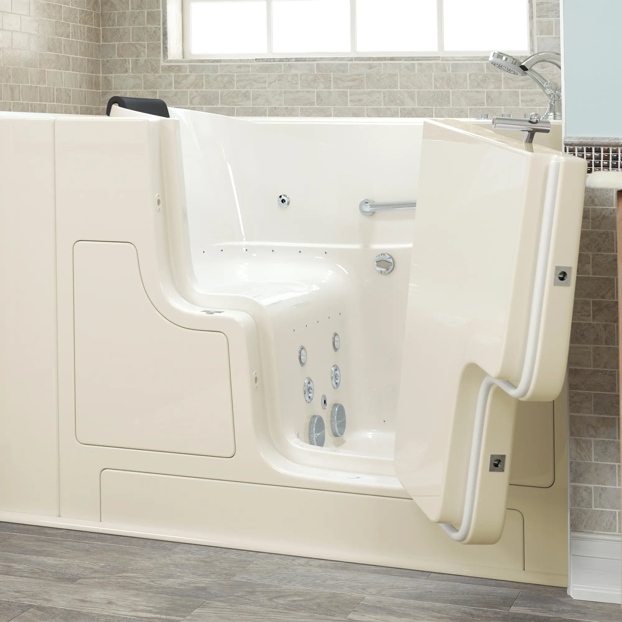 Gelcoat Premium Series 30 x 52 -Inch Walk-in Tub With Combination Air Spa and Whirlpool Systems - Right-Hand Drain With Faucet // LINEN // 171175_3052OD_109_CRL_SSOD5230_RDBC_v2_2017_sq_0_CDNwebp.webp