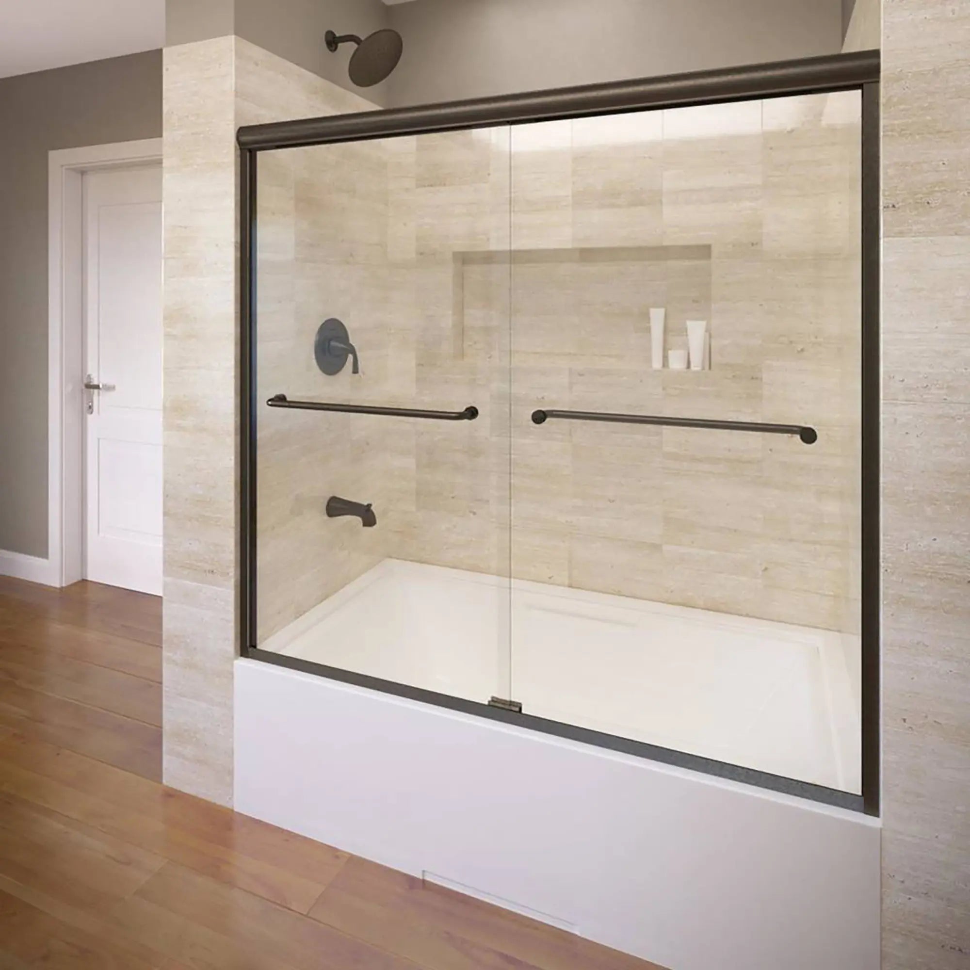 Euro 60 x 57-Inch Height Semi-Frameless Sliding Tub Door with Rain Glass // OIL RUBBED BRONZE // 174919_AM00350422224-clear-oilrubbedbronze_0_CDNwebp.webp