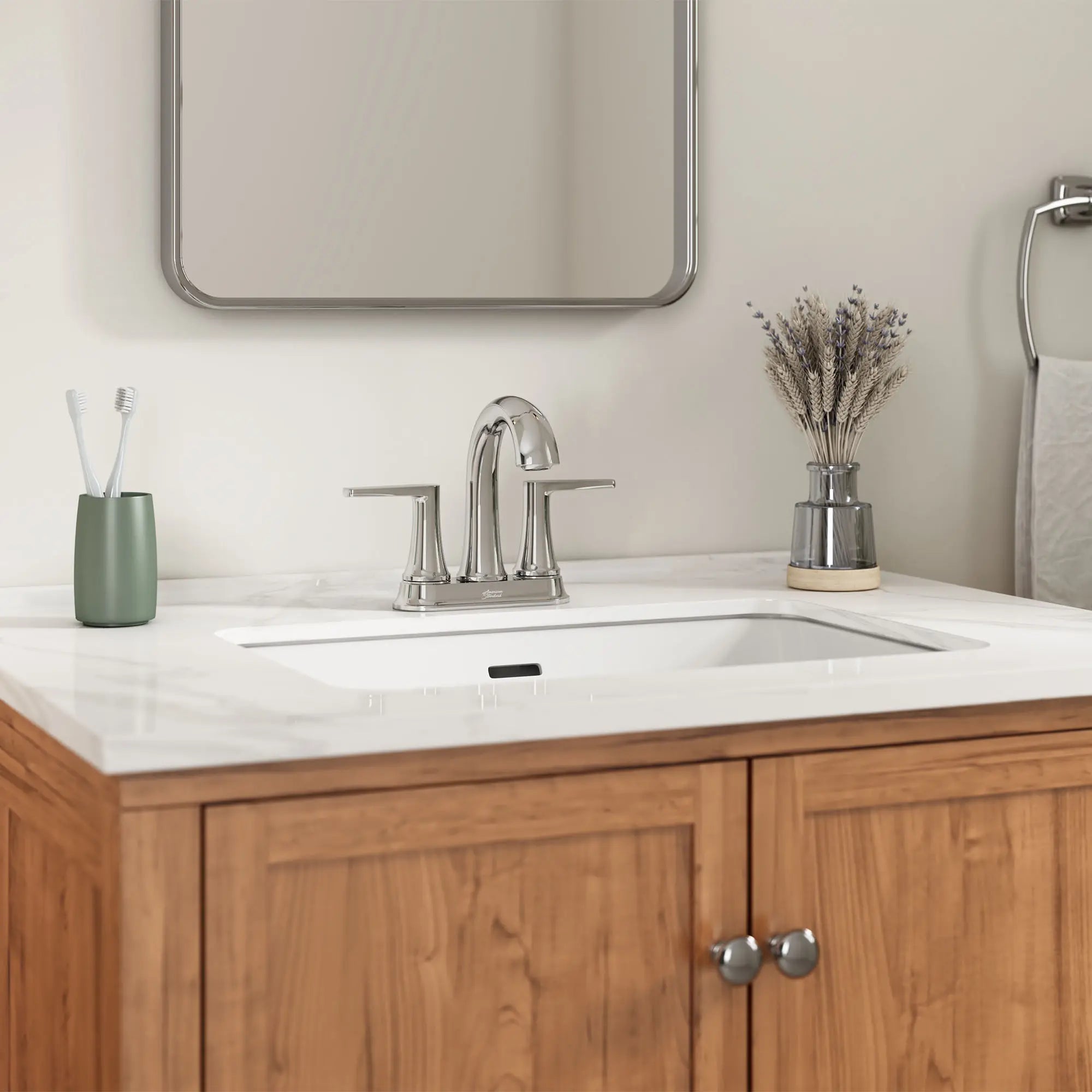 Becklow Two-Handle 4-Inch Centerset Bathroom Faucet // POLISHED CHROME // 176862_Becklow_EnvironmentCloseUp_7429201.002_0001_Sept2023_0_CDNwebp.webp