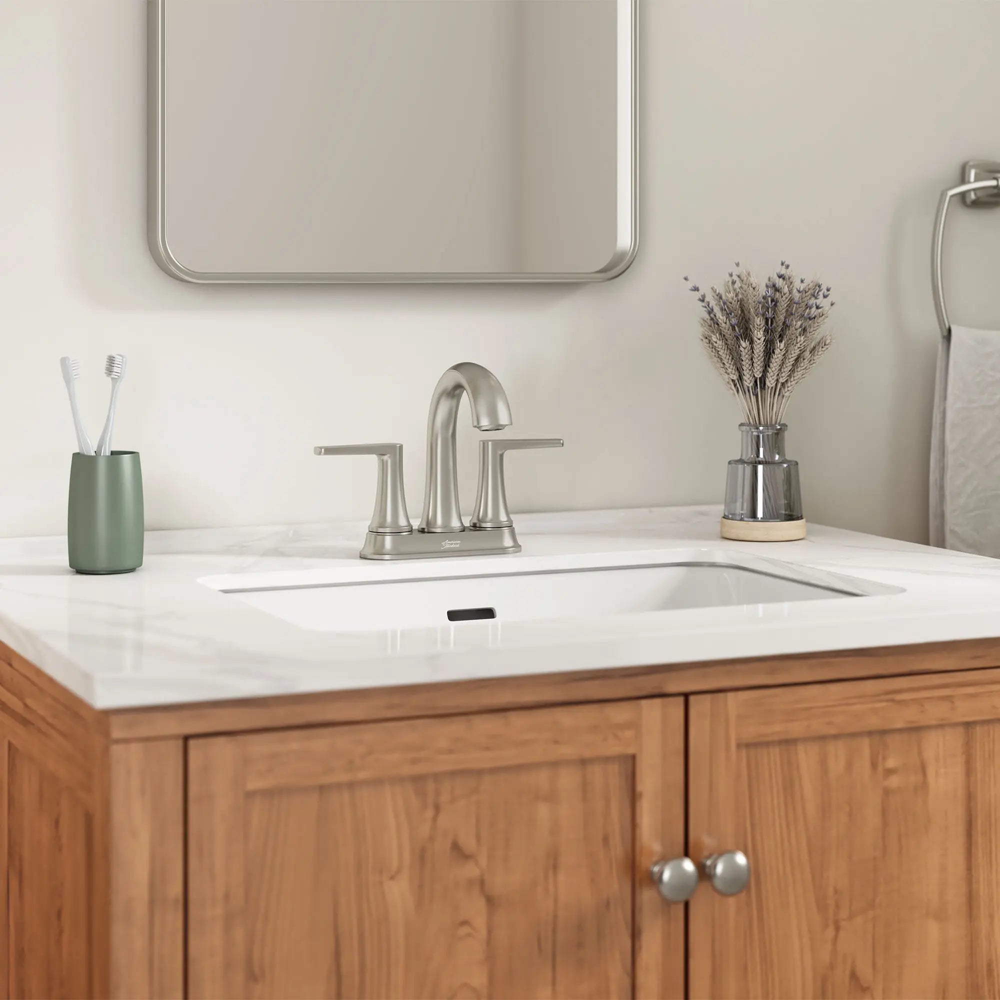 Becklow Two-Handle 4-Inch Centerset Bathroom Faucet // BRUSHED NICKEL // 176863_Becklow_EnvironmentCloseUp_7429201.295_0001_Sept2023_0_CDNwebp.webp