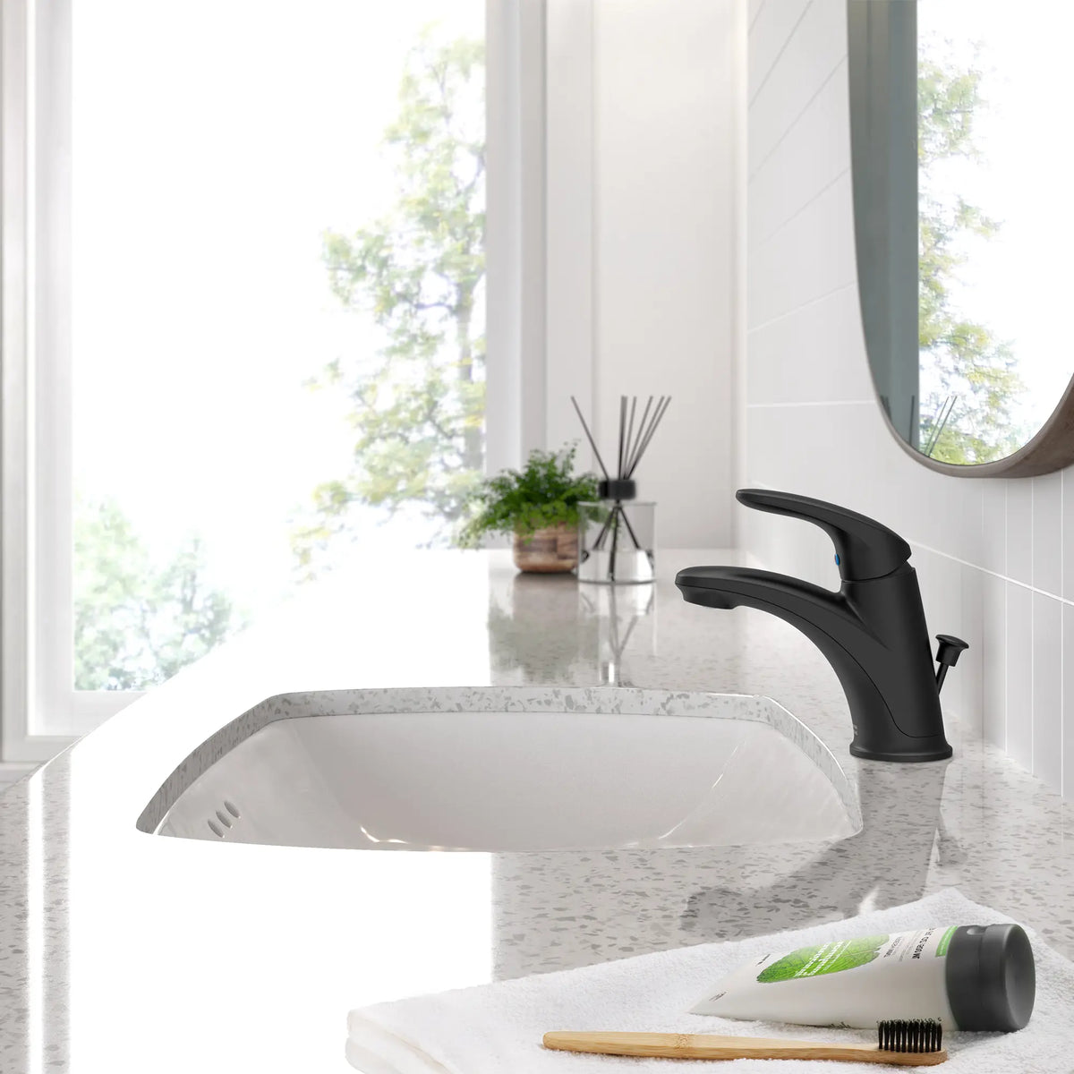 Colony® PRO Single Hole Single-Handle Bathroom Faucet 1.2 gpm/4.5 L/min With Lever Handle // MATTE BLACK // 186653_ColonyPro_EnvironmentCloseUp_7075100.243_0003_Oct2023_1_CDNwebp_101246f2-5533-4721-845e-2ed94359f469.webp
