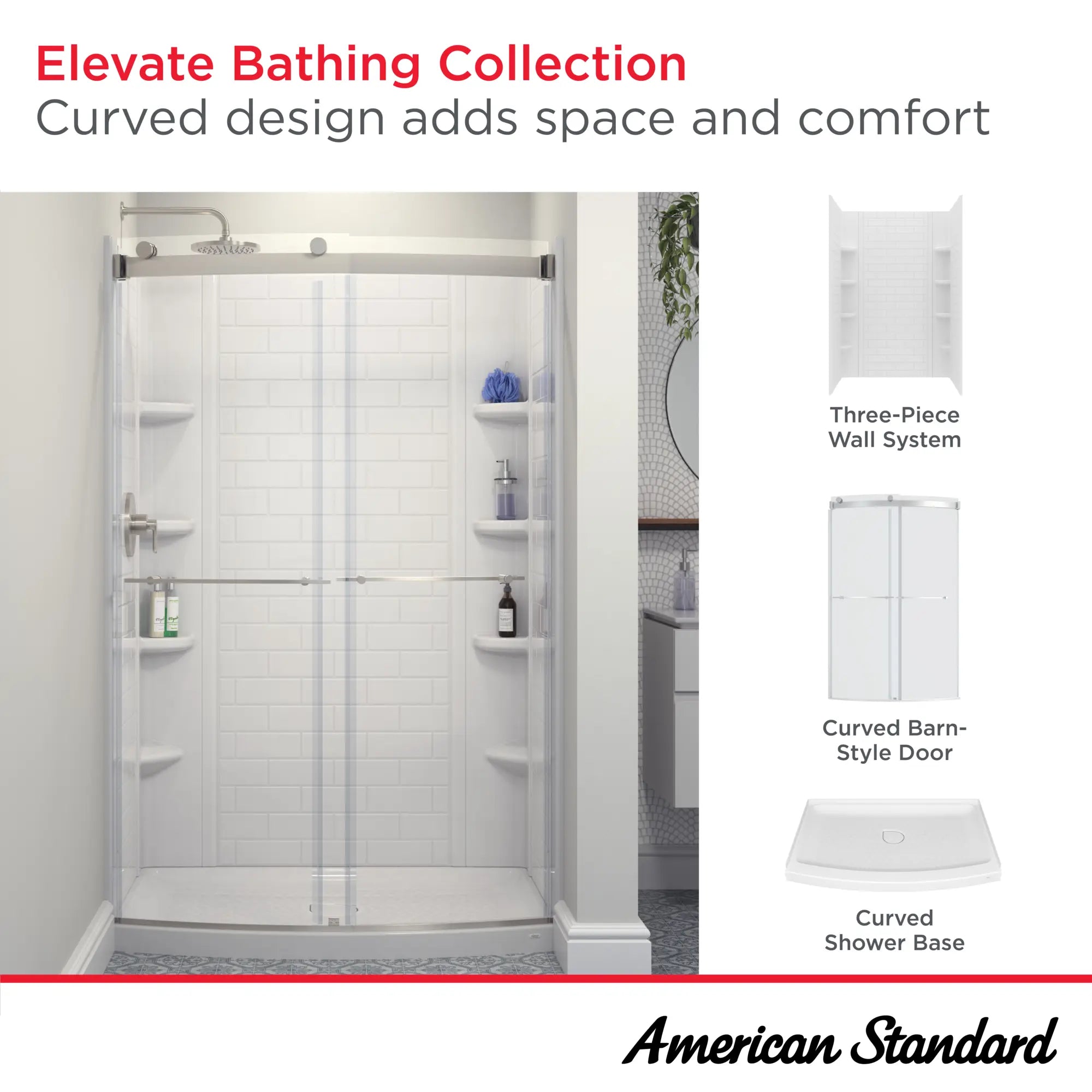 Elevate 48x30-inch Curved Shower Base with Center Drain Outlet // ARCTIC // 240098_Elevate_Infographic_2947SWT48.011_0001_MAR2024_CDNwebp.webp