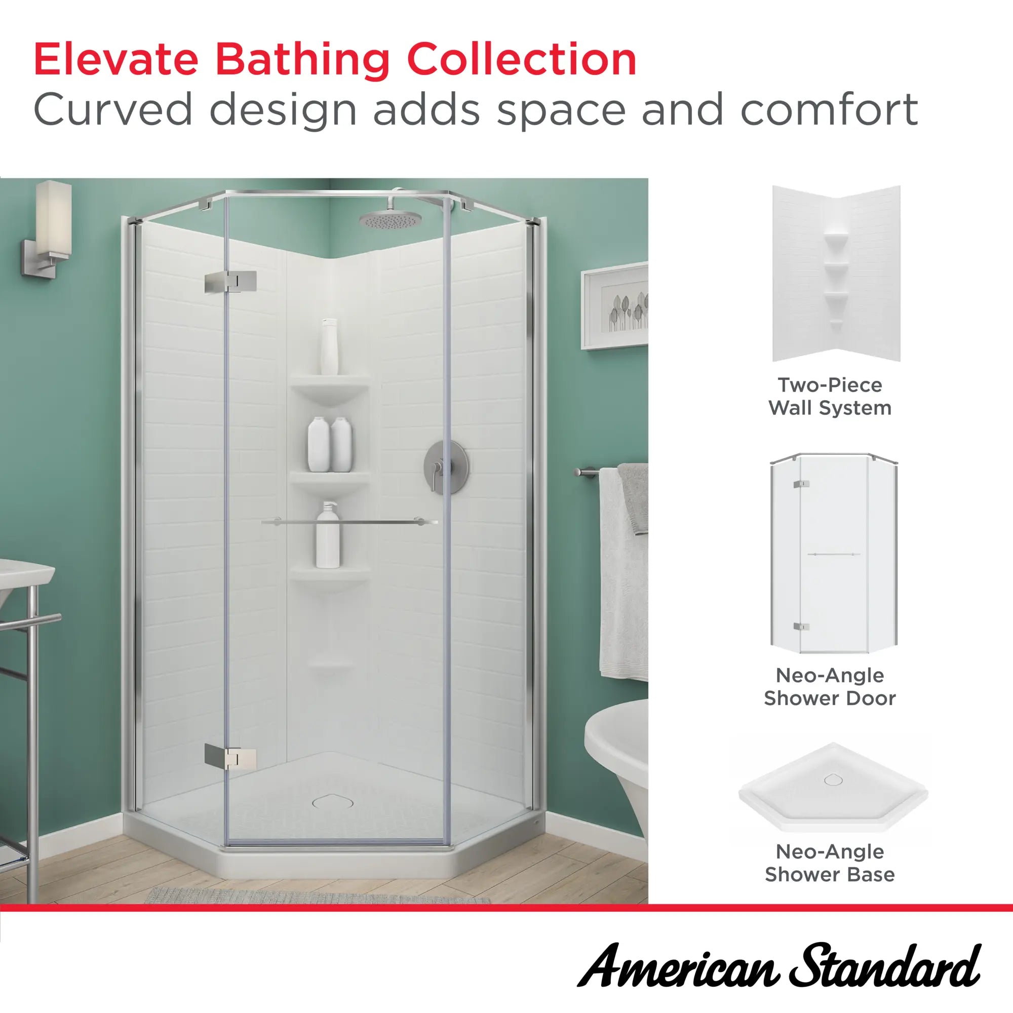 Elevate 38-inch Neo-Angle Base with Center Drain Outlet // ARCTIC // 240099_Elevate_Infographic_2947SWT38.011_0001_MAR2024_CDNwebp.webp