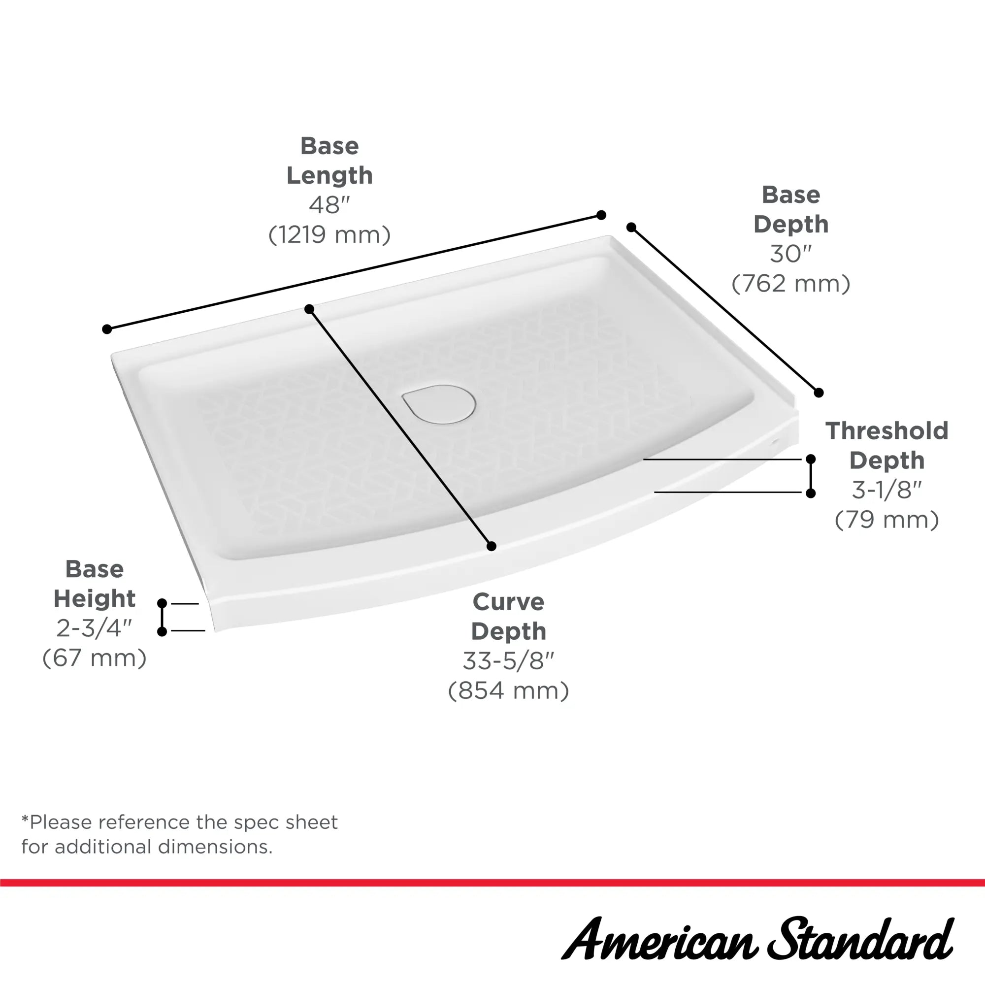Elevate 48x30-inch Curved Shower Base with Center Drain Outlet // ARCTIC // 240116_Elevate_Infographic_A8015T-CO.011_0002_APR2024_CDNwebp.webp