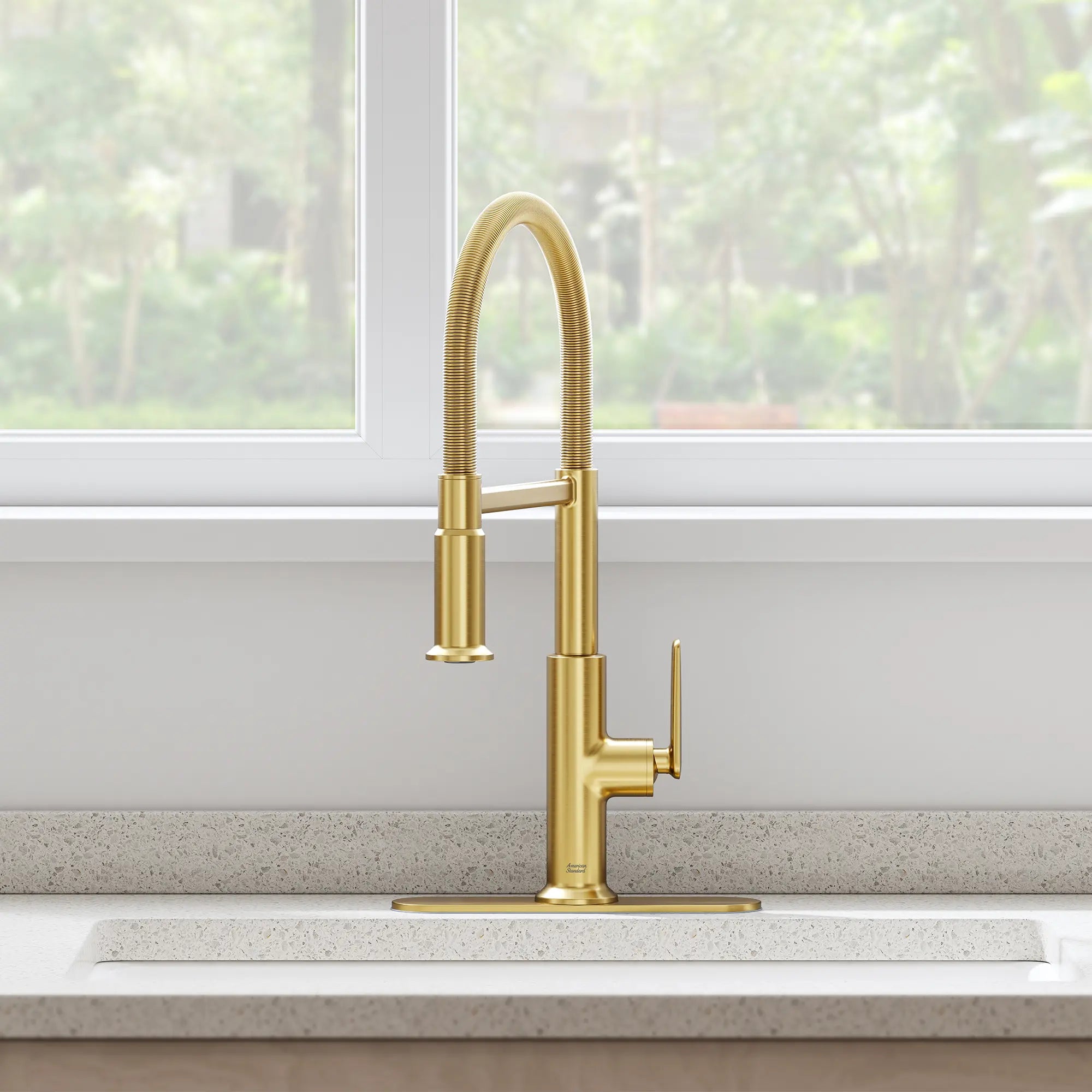 Sonner Single-Handle Semi-Pro 3-Function Kitchen Faucet 1.8 gpm/6.8 L/min with Deck Plate // BRUSHED COOL SUNRISE // 262425_Sonner_EnvironmentCloseUp_117696GN00_0001_FEBRUARY2025_1_CDNwebp_110f002c-1a99-461e-9e04-e393b2fc4ad1.webp