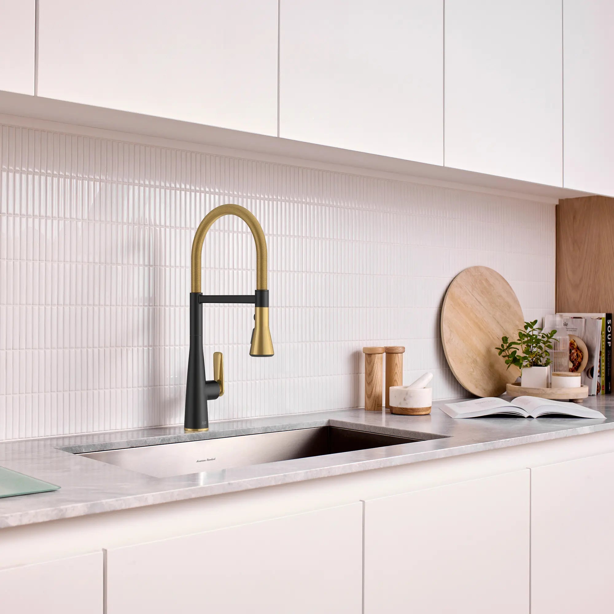 Aspirations Semi-Pro Kitchen Faucet // MATTE BLACK/BRUSH COOL SUNRISE // 263015_Aspirations_EnvironmentCloseUp_1048824240_0001_May2025_0_CDNwebp_8afe3e3c-b786-4492-97fd-81e8475be971.webp