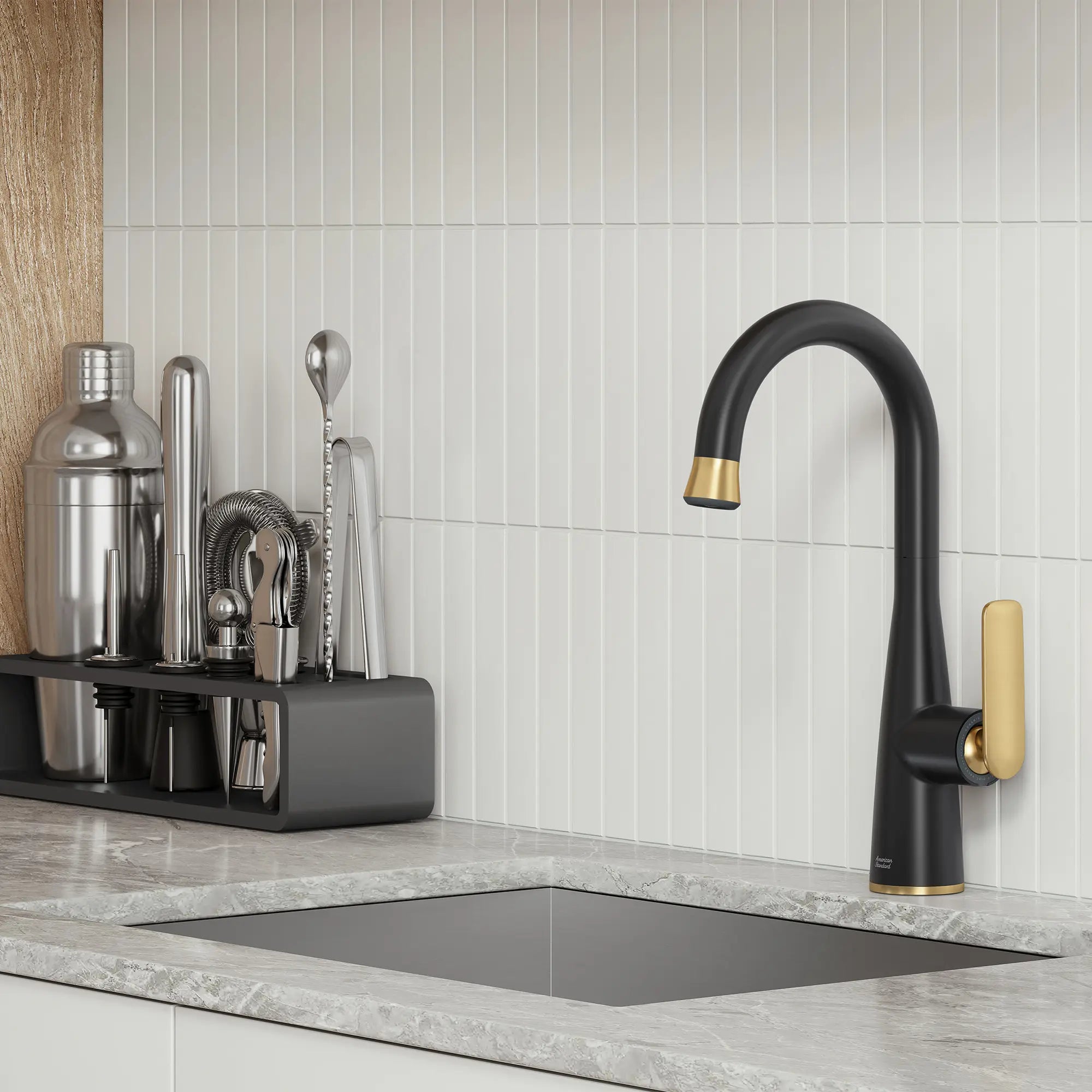 Aspirations Pull-Down Bar Faucet // MATTE BLACK/BRUSH COOL SUNRISE // 263027_Aspirations_EnvironmentCloseUpl_1048274240_0001_FEBURARY2025_0_CDNwebp_c904e29f-bffb-4bf1-8ee7-8262e85f9d7b.webp