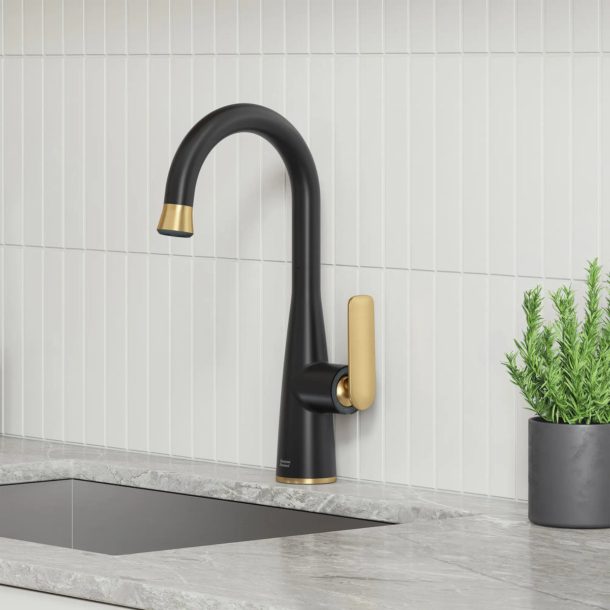 Aspirations Pull-Down Bar Faucet // MATTE BLACK/BRUSH COOL SUNRISE // 263028_Aspirations_EnvironmentCloseUpl_1048274240_0002_FEBURARY2025_0_CDNwebp_a9566968-d04d-4357-a0b8-3a104ed0b8b4.webp