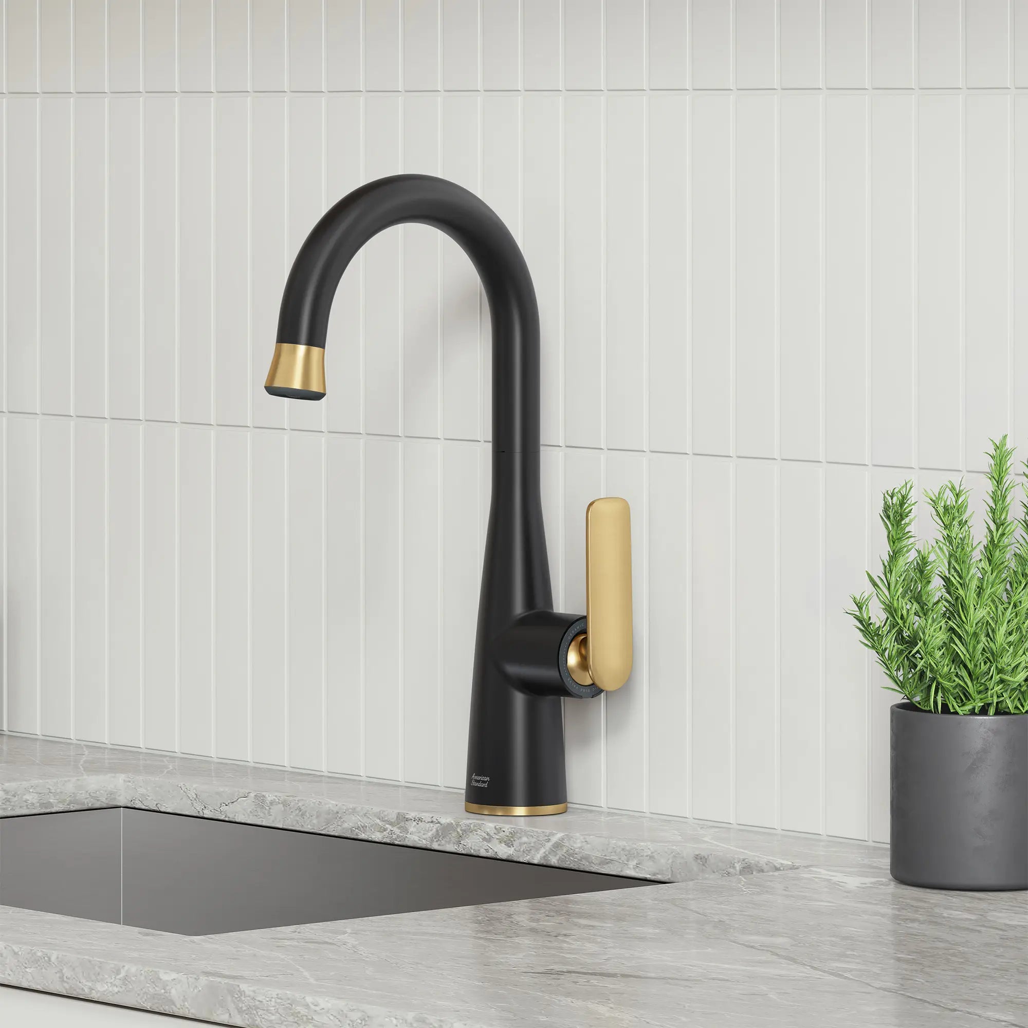 Aspirations Pull-Down Bar Faucet // MATTE BLACK/BRUSH COOL SUNRISE // 263028_Aspirations_EnvironmentCloseUpl_1048274240_0002_FEBURARY2025_0_CDNwebp_dbab664d-8e17-4bfc-a8f9-9fc8c729e28b.webp