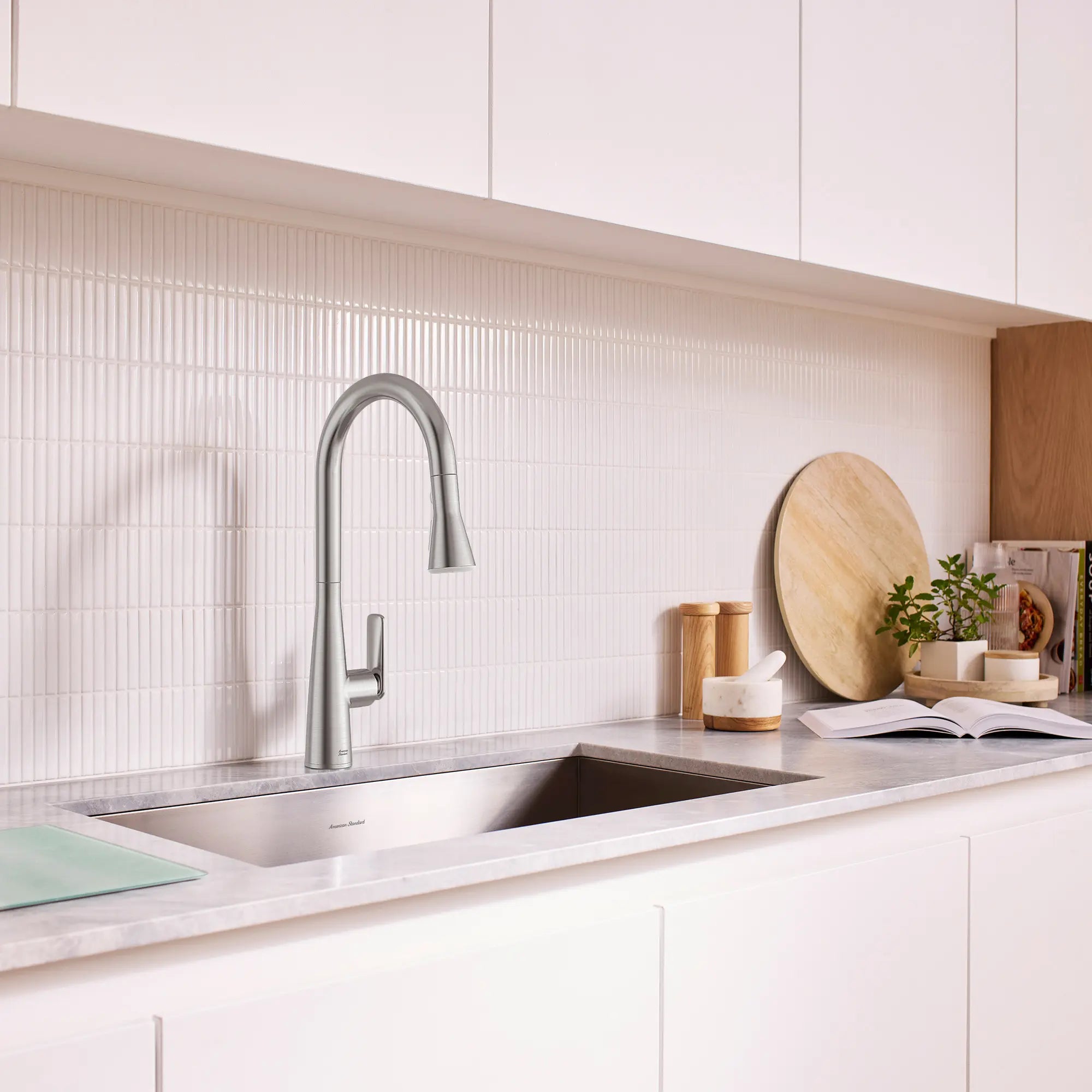 Aspirations Pull-Down Kitchen Faucet // STAINLESS STEEL // 263029_Aspirations_EnvironmentCloseUp_104881DC00_0001_May2025_0_CDNwebp.webp