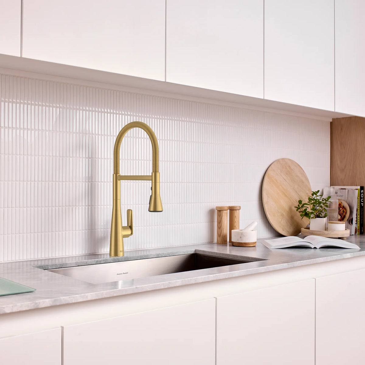 Aspirations Semi-Pro Kitchen Faucet // BRUSHED COOL SUNRISE // 263036_Aspirations_EnvironmentCloseUp_104882GN00_0001_May2025_0_CDNwebp_33079aac-57a4-4f7b-a910-29aa28695a2e.webp