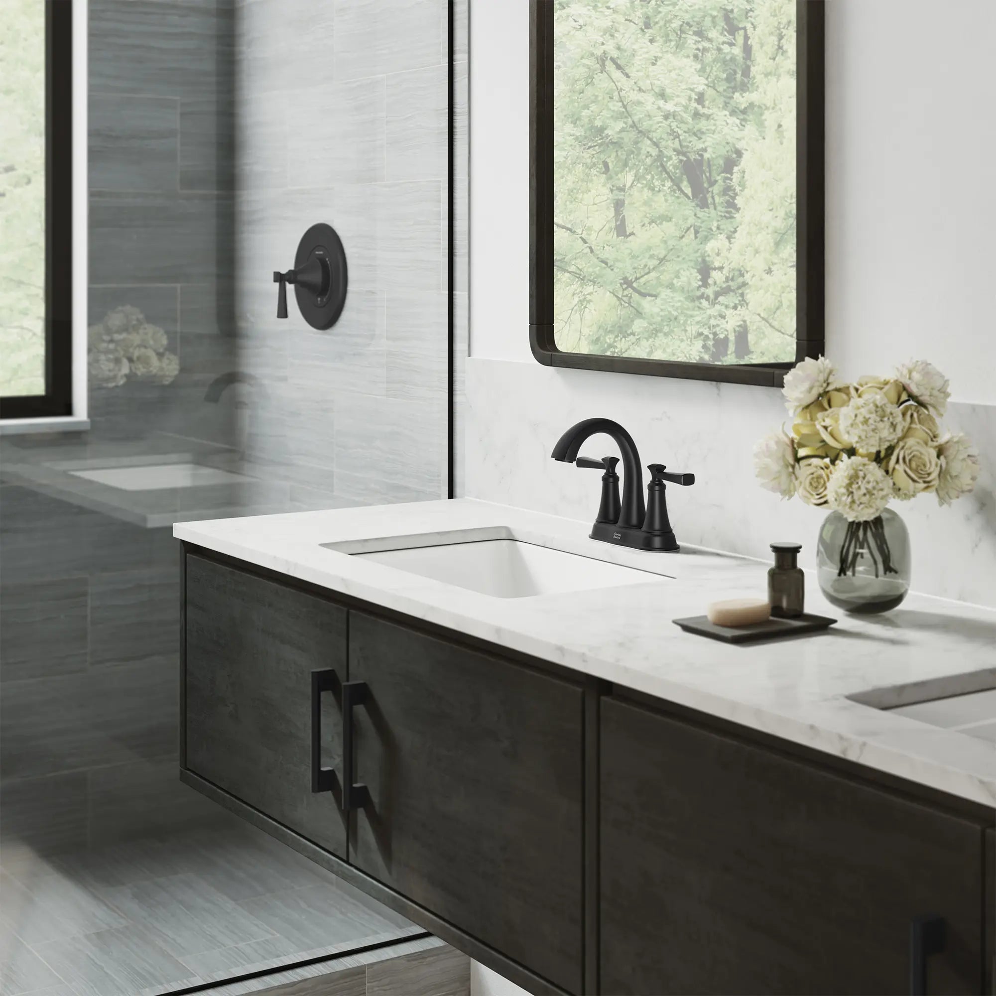 Rumson® 4-Inch Centerset 2-Handle Bathroom Faucet 1.2 gpm/4.5 L/min With Lever Handles // MATTE BLACK // 263136_Rumson_EnvironmentCloseUp_74172012430_0001_MAY2025_0_CDNwebp.webp