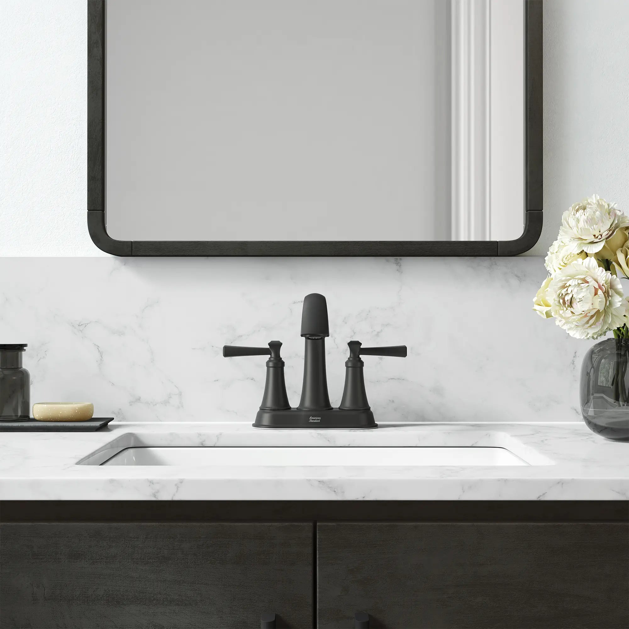 Rumson® 4-Inch Centerset 2-Handle Bathroom Faucet 1.2 gpm/4.5 L/min With Lever Handles // MATTE BLACK // 263138_Rumson_EnvironmentCloseUp_74172012430_0002_MAY2025_0_CDNwebp.webp