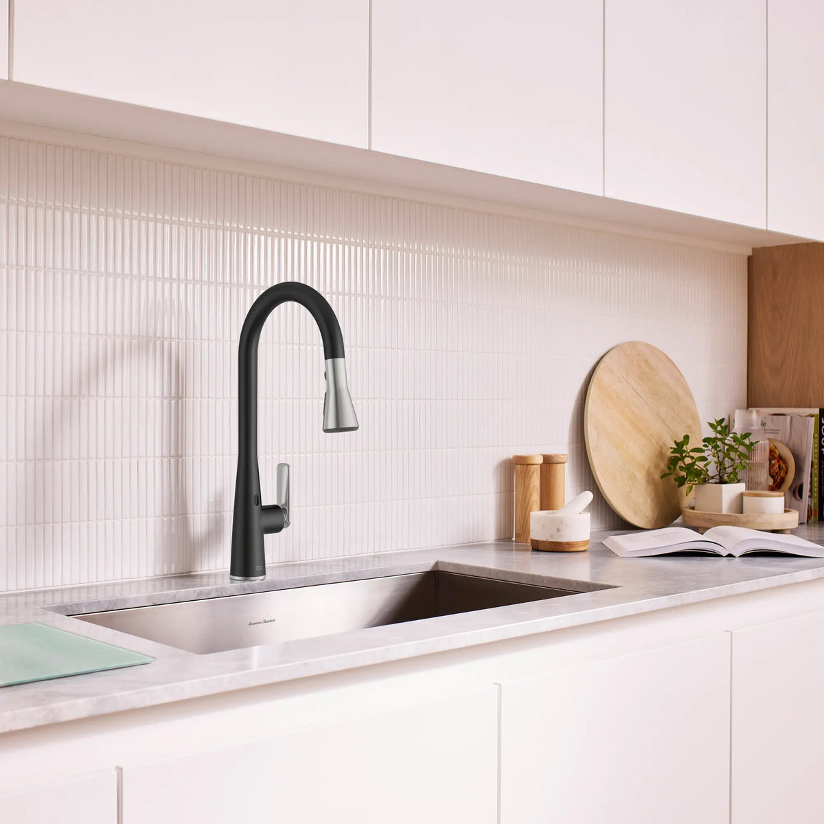 Aspirations Touchless Pull-Down Kitchen Faucet // MATTE BLACK/STAINLESS STEEL // 263690_Aspirations_EnvironmentCloseUp_1048804230_0001_May2025_1_CDNwebp_5eb8efcb-93af-4750-844a-9c0d98fa44cb.webp