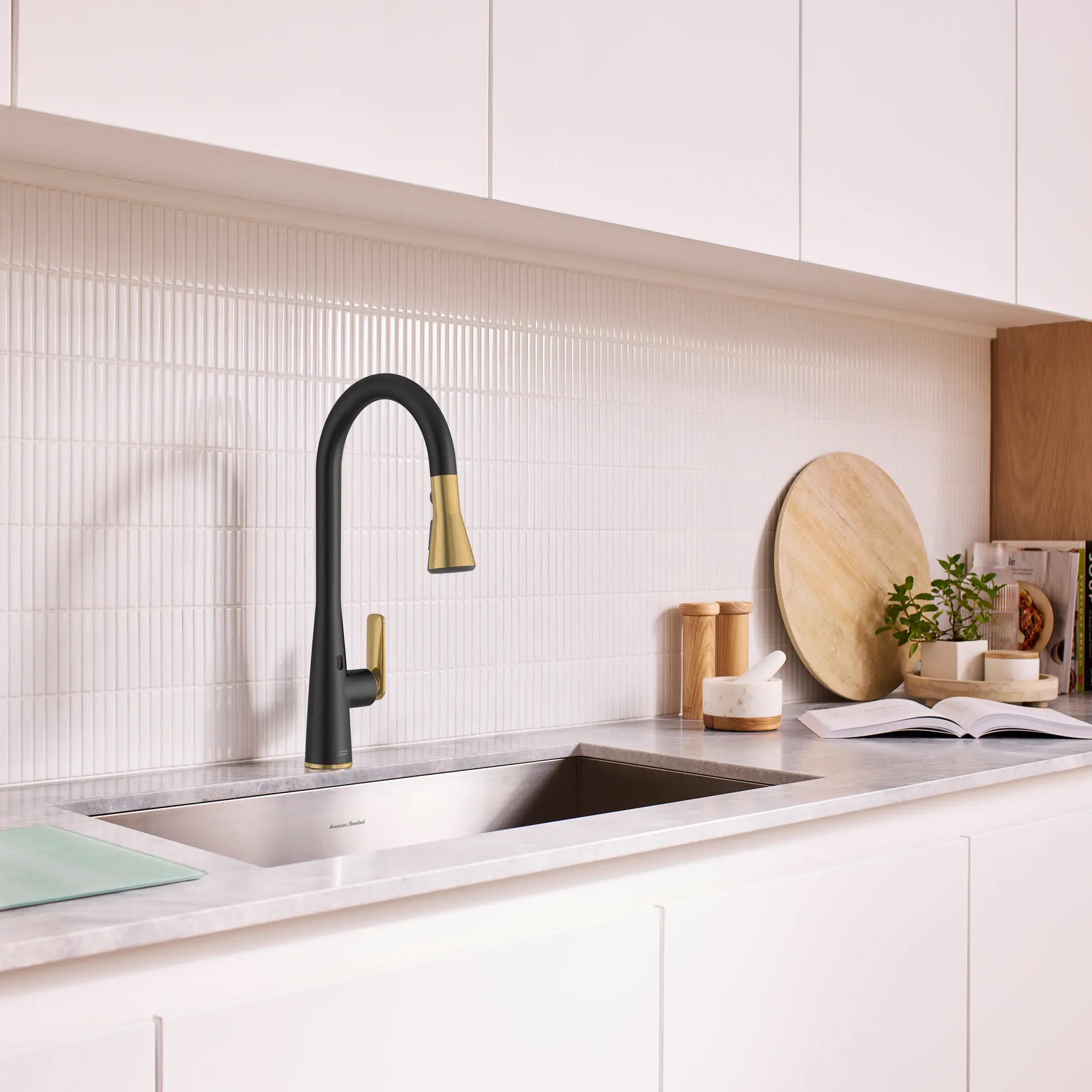 Aspirations Touchless Pull-Down Kitchen Faucet // MATTE BLACK/BRUSH COOL SUNRISE // 263696_Aspirations_EnvironmentCloseUp_1048804240_0001_May2025_1_CDNwebp.webp