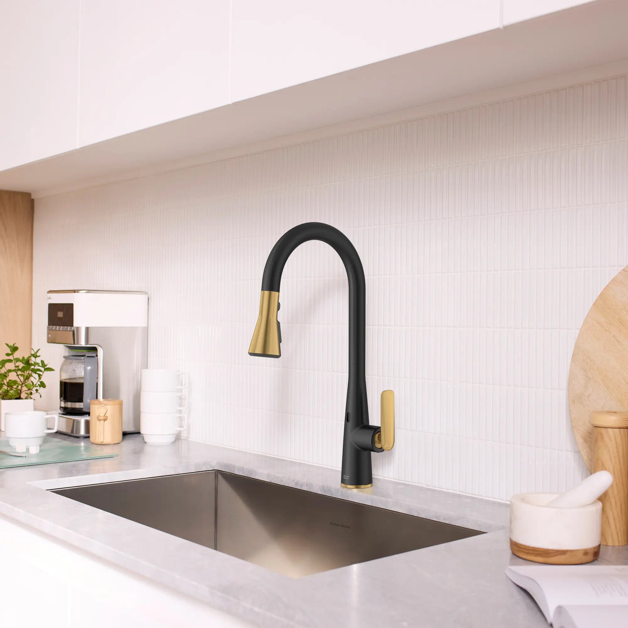Aspirations Touchless Pull-Down Kitchen Faucet // MATTE BLACK/BRUSH COOL SUNRISE // 263697_Aspirations_EnvironmentCloseUp_1048804240_0002_May2025_1_CDNwebp_a6a4346d-33a8-498f-8361-d1272f6ec71f.webp