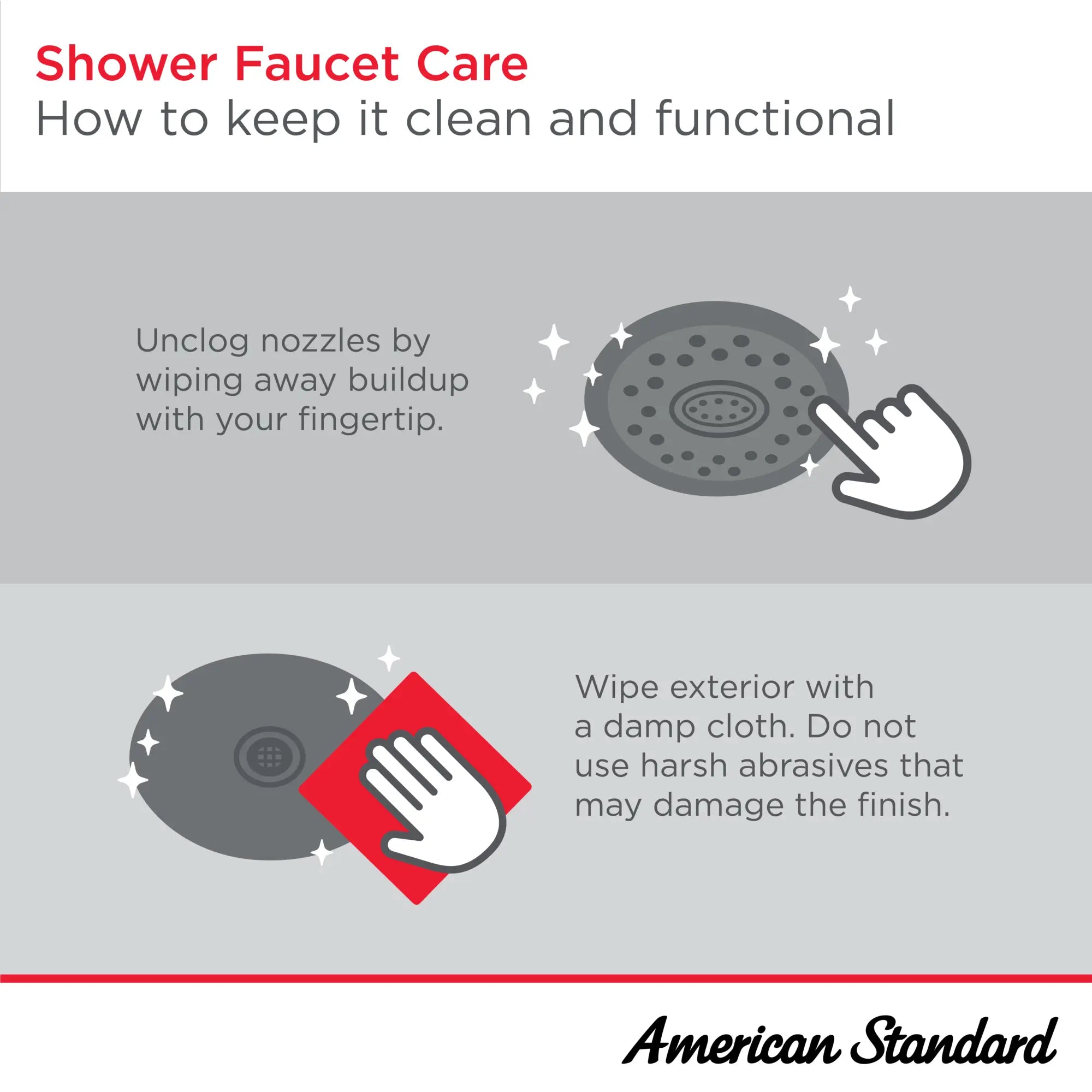 Town Square S 6-1/4-Inch 2.5 gpm/9.5 L/min Fixed Showerhead // POLISHED CHROME // 269015_UseCare_Infographic_ShowerFaucets_0001_AUG2025_0_CDNwebp.webp