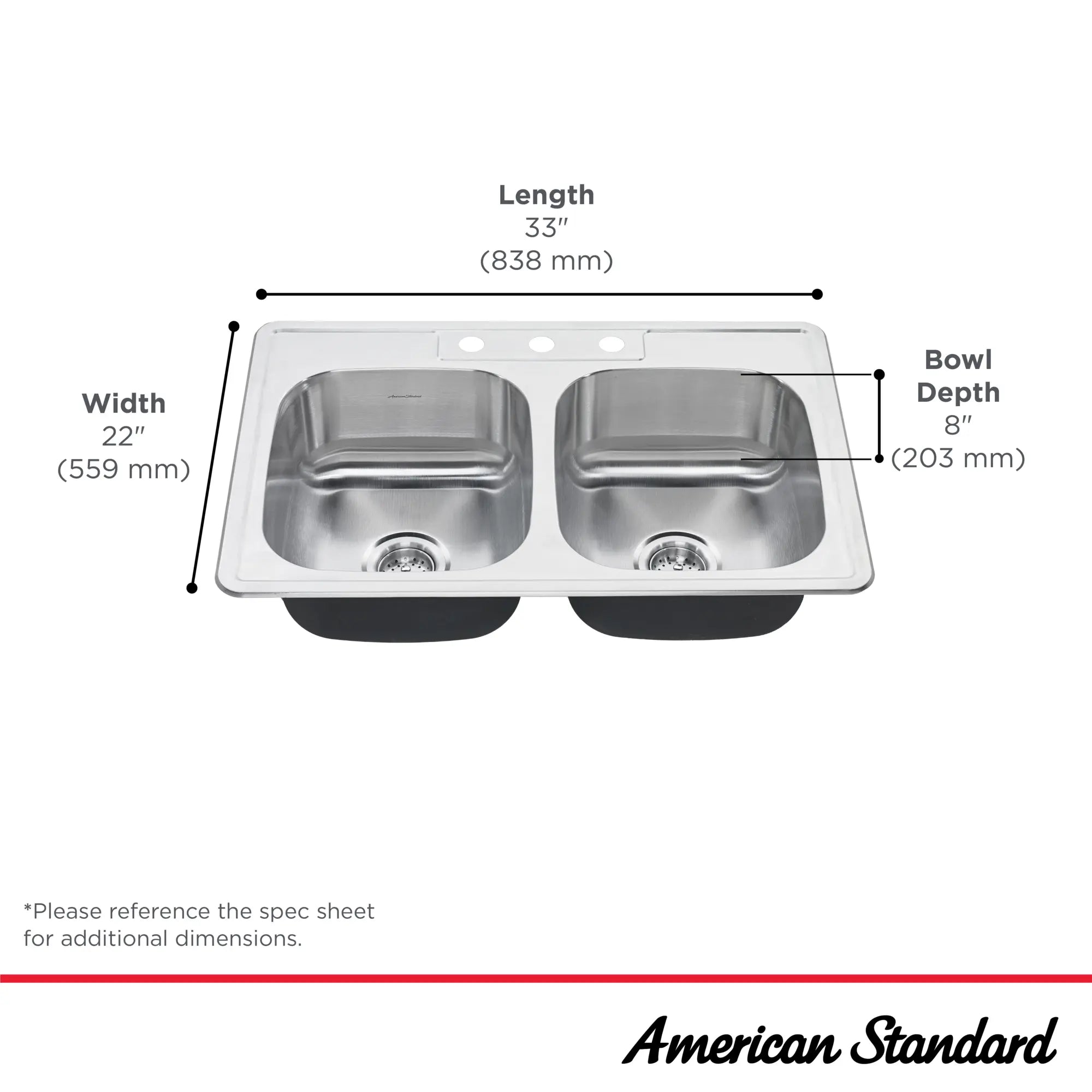 Colony® 33 x 22-Inch Stainless Steel 3-Hole Topmount Double-Bowl Kitchen Sink // STAINLESS STEEL // 278743_Colony_Infographic_20DB8332283S_0001_SEPT2025_1_CDNwebp.webp