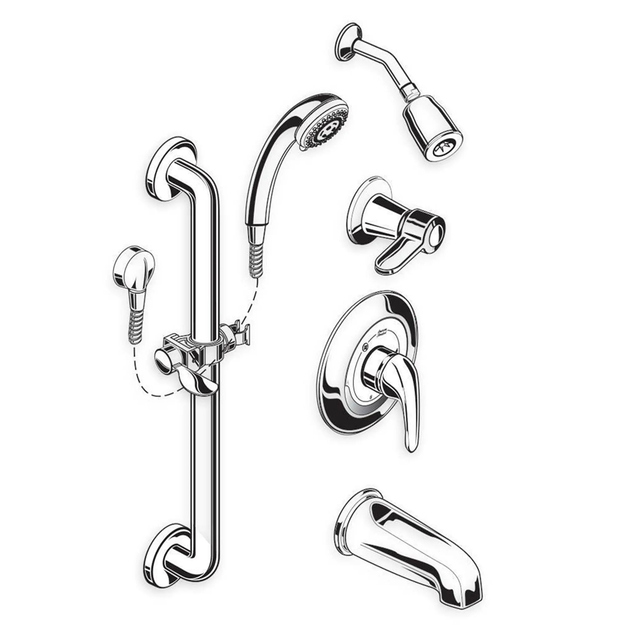 Commercial Shower Systems 1.5 GPM 36-in. 3-Function Hand Shower Kit with Slide-Grab Bar, FloWise Showerhead and Diverter Tub Spout // POLISHED CHROME // 29303_1662SG214.002_0_CDNwebp.webp