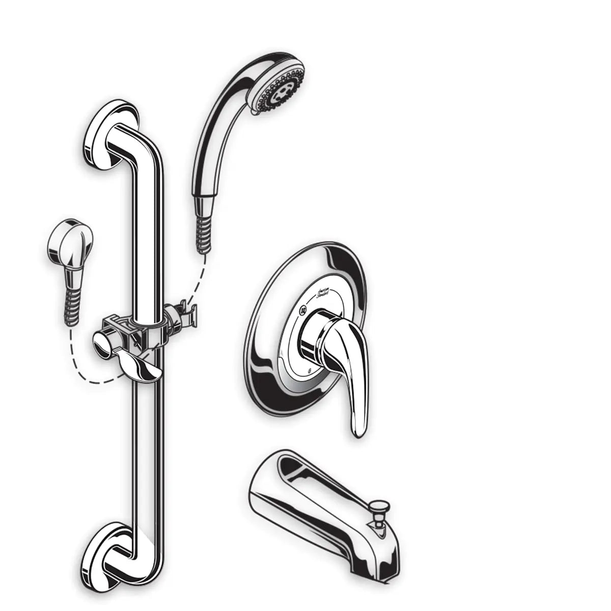 Commercial Shower Systems 1.5 GPM 36-in. 3-Function Hand Shower Kit with Slide-Grab Bar and Diverter Tub Spout // POLISHED CHROME // 29305_1662SG215.002_0_CDNwebp.webp