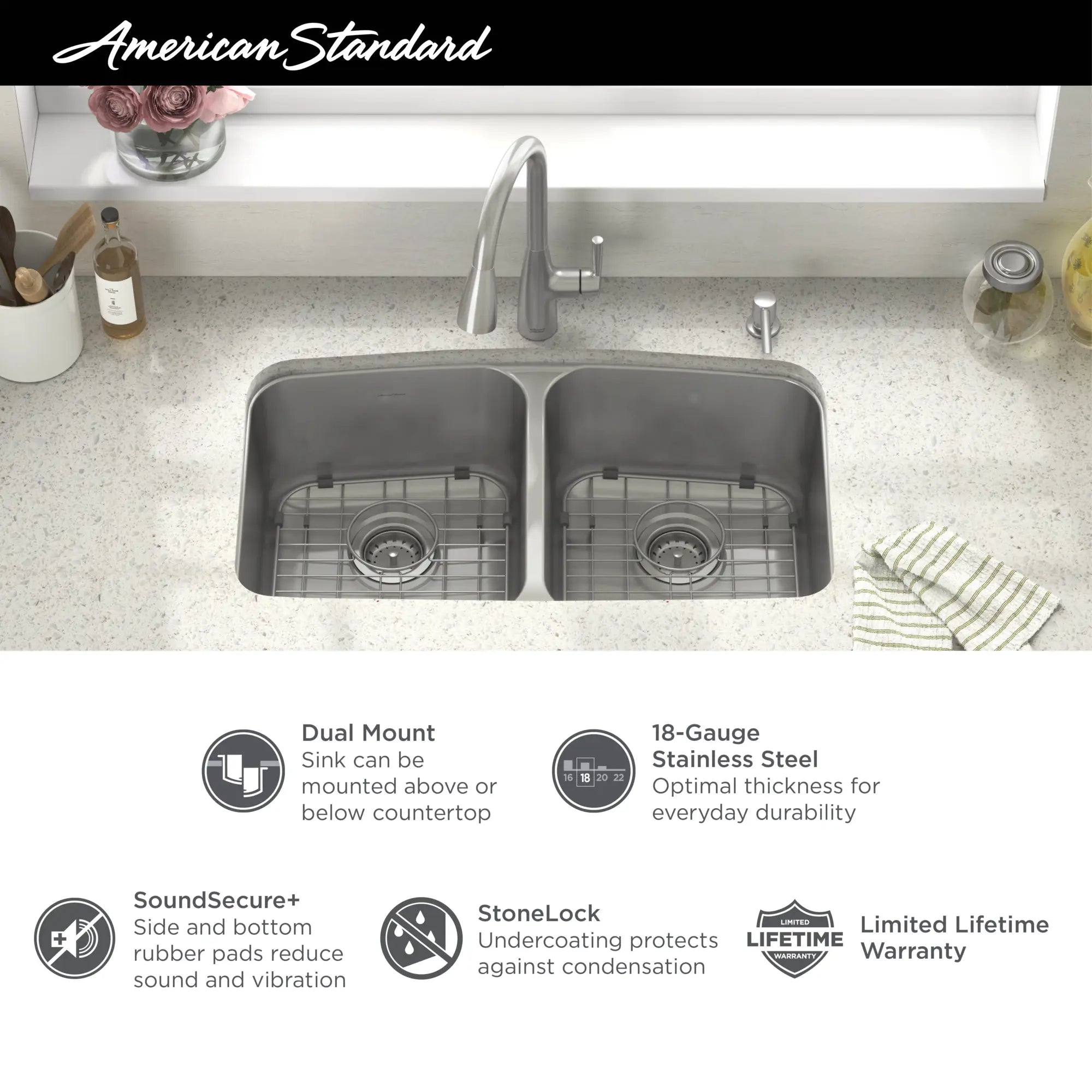 Fairbury® 2S Pull-Down Faucet and 33-Inch Stainless Steel Double-Bowl Kitchen Sink Kit // STAINLESS STEEL // 42861_AS_Fairbury_Sink_Kit_18DB000332C1_Infographics_1_0_CDNwebp.webp