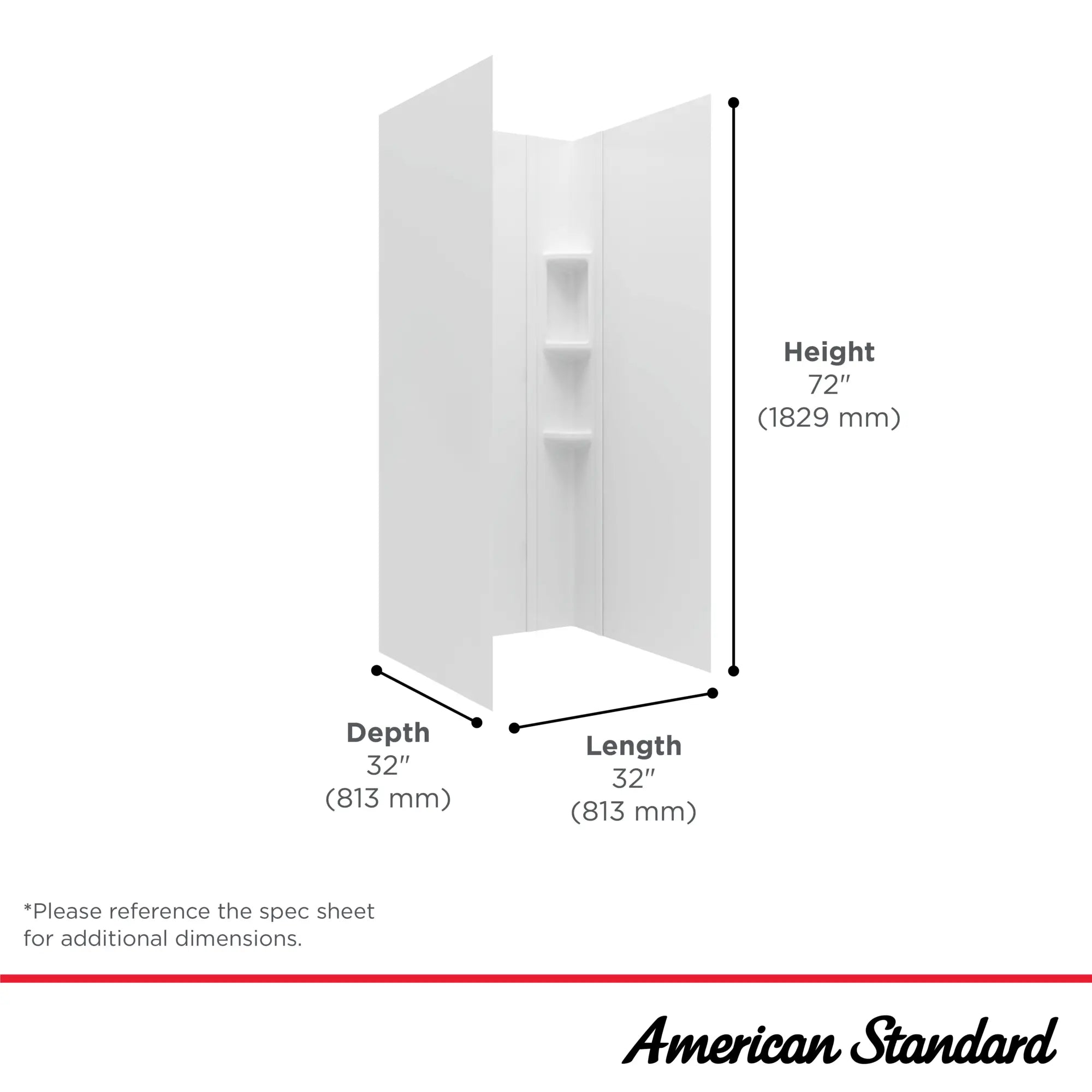 Mainstream 32in x 32in x 72in 4-Piece Glue-Up Alcove Shower Wall Set // ARCTIC // 42889_Mainstream_Infographic_2950SWT32.011_0002_OCT2024_1_CDNwebp.webp