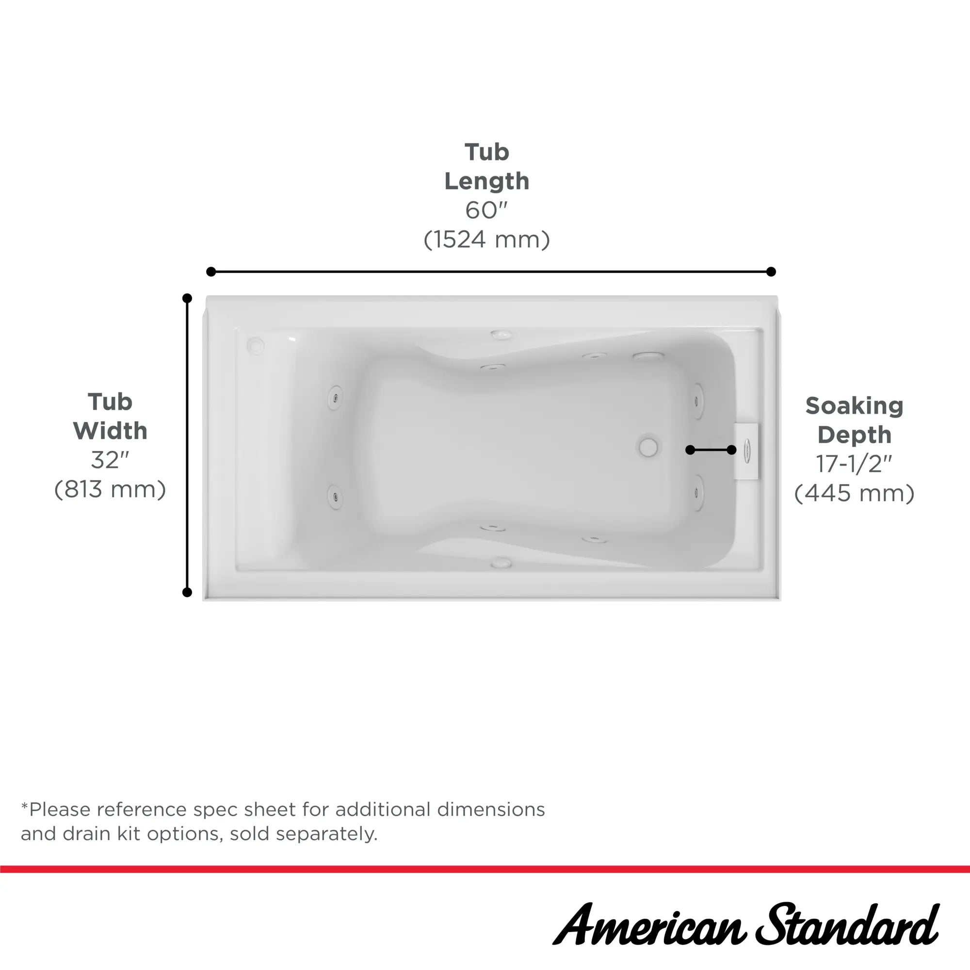 Mainstream 60in x 32in 8-Jet Whirlpool Tub with Right-Hand Drain // WHITE // 42902_Mainstream_Infographic_2948LC-RHO_0001_OCT2024_1_CDNwebp.webp