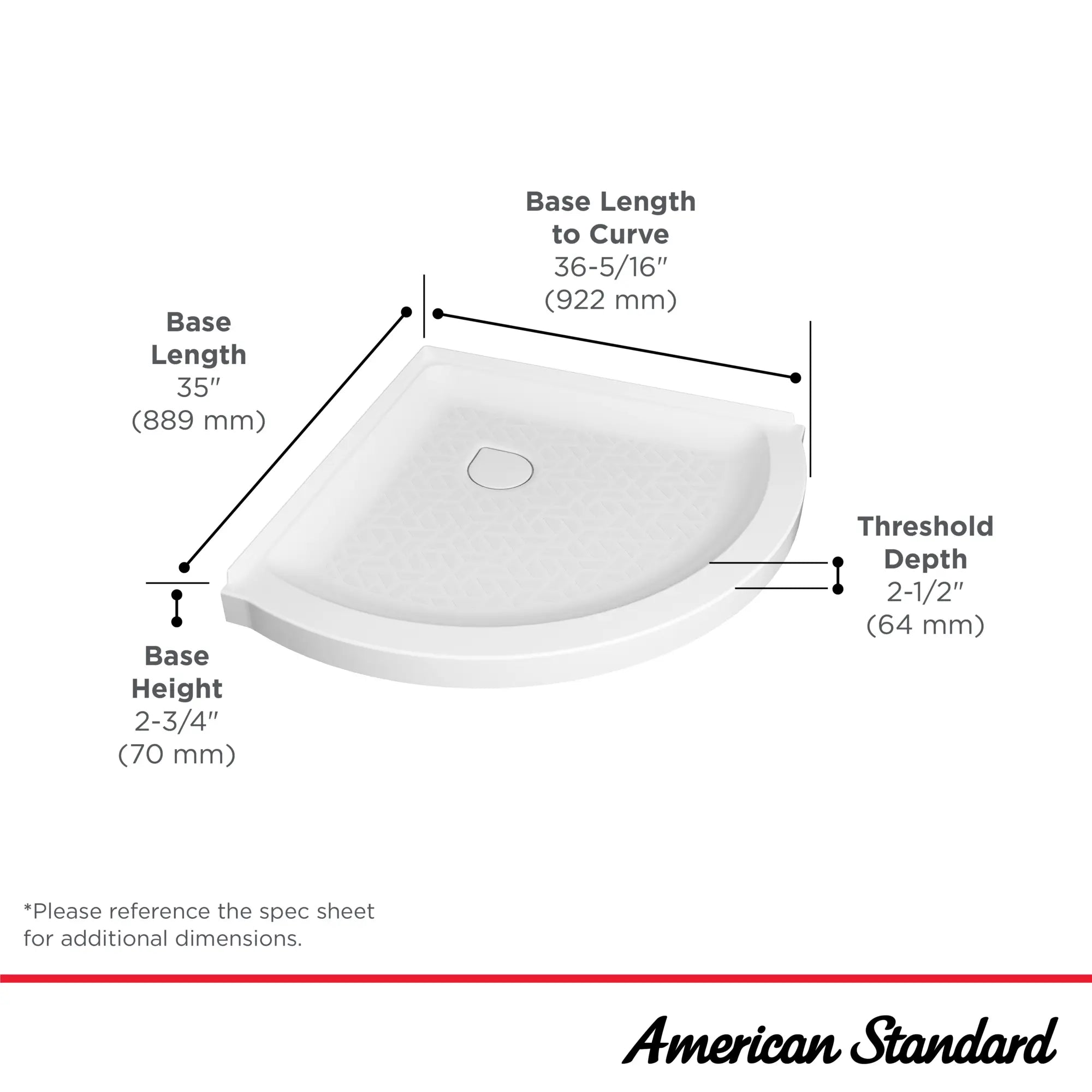 Ovation Curve 36-inch Corner Shower Base with Center Drain Outlet // ARCTIC // 42952_Ovation_Infographic_B8016A-ST3.011_0003_OCT2024_1_CDNwebp.webp