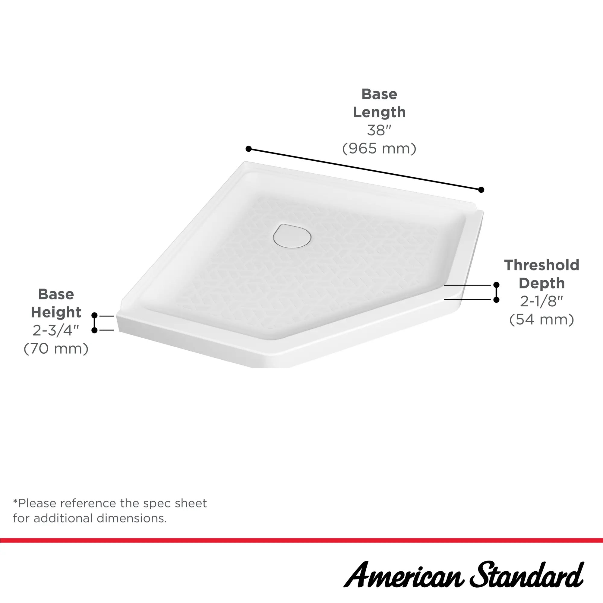 Ovation Curve 38-inch Neo-Angle Base with Center Drain Outlet // ARCTIC // 42960_Ovation_Infographic_B8017A-ST3.011_0001_OCT2024_1_CDNwebp.webp
