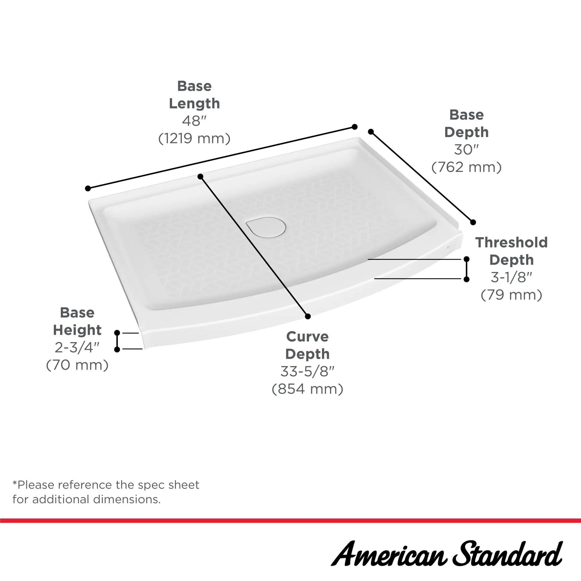 Ovation Curve 48x30-inch Curved Shower Base with Center Drain Outlet // ARCTIC // 42968_Ovation_Infographic_B8015A-ST3.011_0002_OCT2024_1_CDNwebp.webp