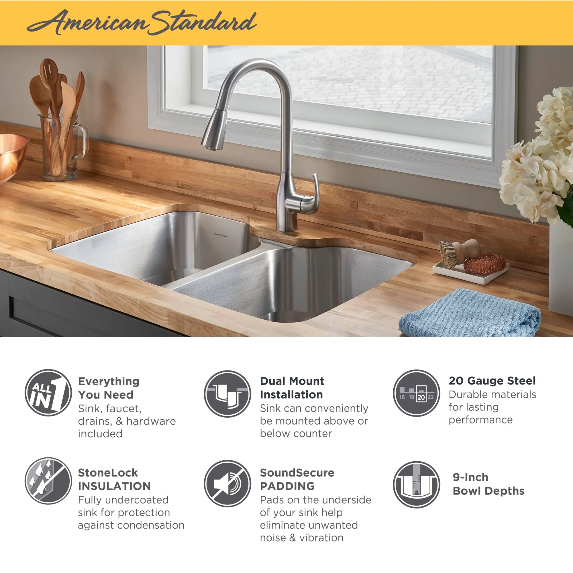 Tulsa® 33 x 22-Inch Stainless Steel Drop-In Or Undermount Double-Bowl Residential Kitchen Sink With Dual-Spray Faucet // STAINLESS STEEL // 43099_Tulsa_20DB332211C.075_Infographics_1_0_CDNwebp.webp