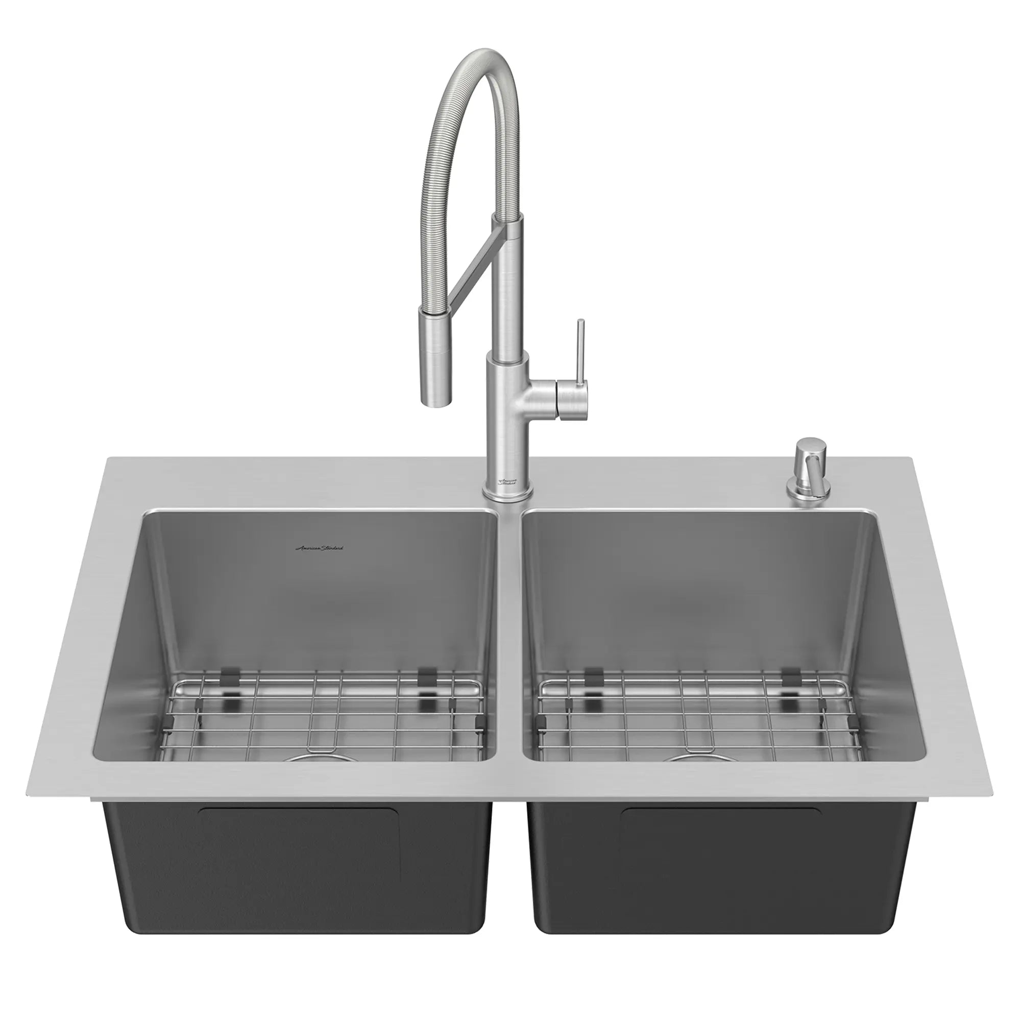 Tamarind® 33 x 22-Inch Stainless Steel 2-Hole Dual Mount Double-Bowl Kitchen Sink with Semi-Pro Faucet and Soap Dispenser // STAINLESS STEEL // 47673_18DB000132C3.075_1_0_CDNwebp.webp
