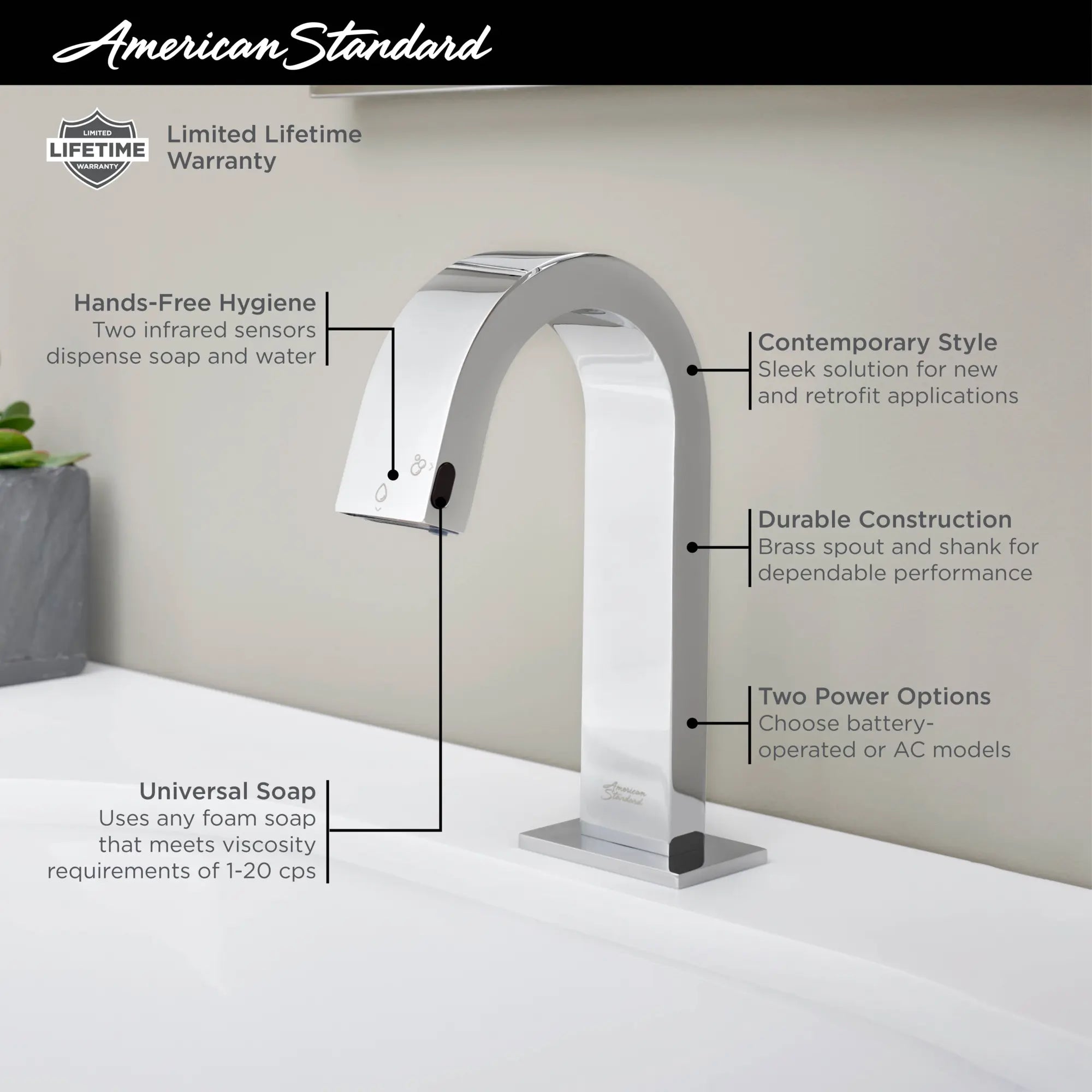 2-In-1 Integral Touchless Faucet / Soap Dispenser, Battery Powered // POLISHED CHROME // 66971_AS_2in1_Touchless_Soap_Dispensing_Faucet_7762112_776B112_Info_1_0_CDNwebp.webp