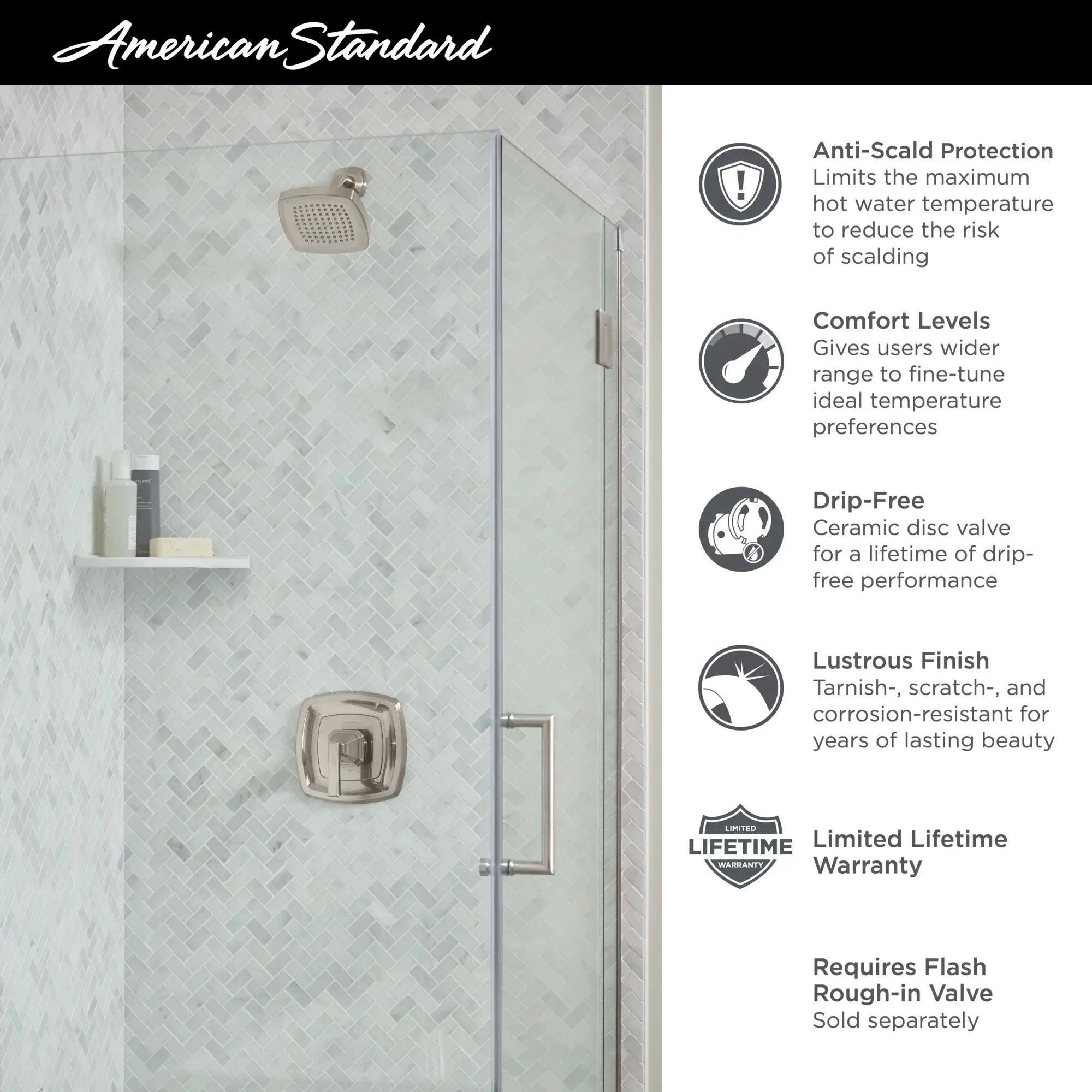 Crawford 2.5 gpm/9.5 L/min Shower Trim Kit With Showerhead, Double Ceramic Pressure Balance Cartridge With Lever Handle // POLISHED CHROME // 67358_AS_Crawford_Tub_Shower_TU612501_TU612507_Infographics_1_0_CDNwebp.webp