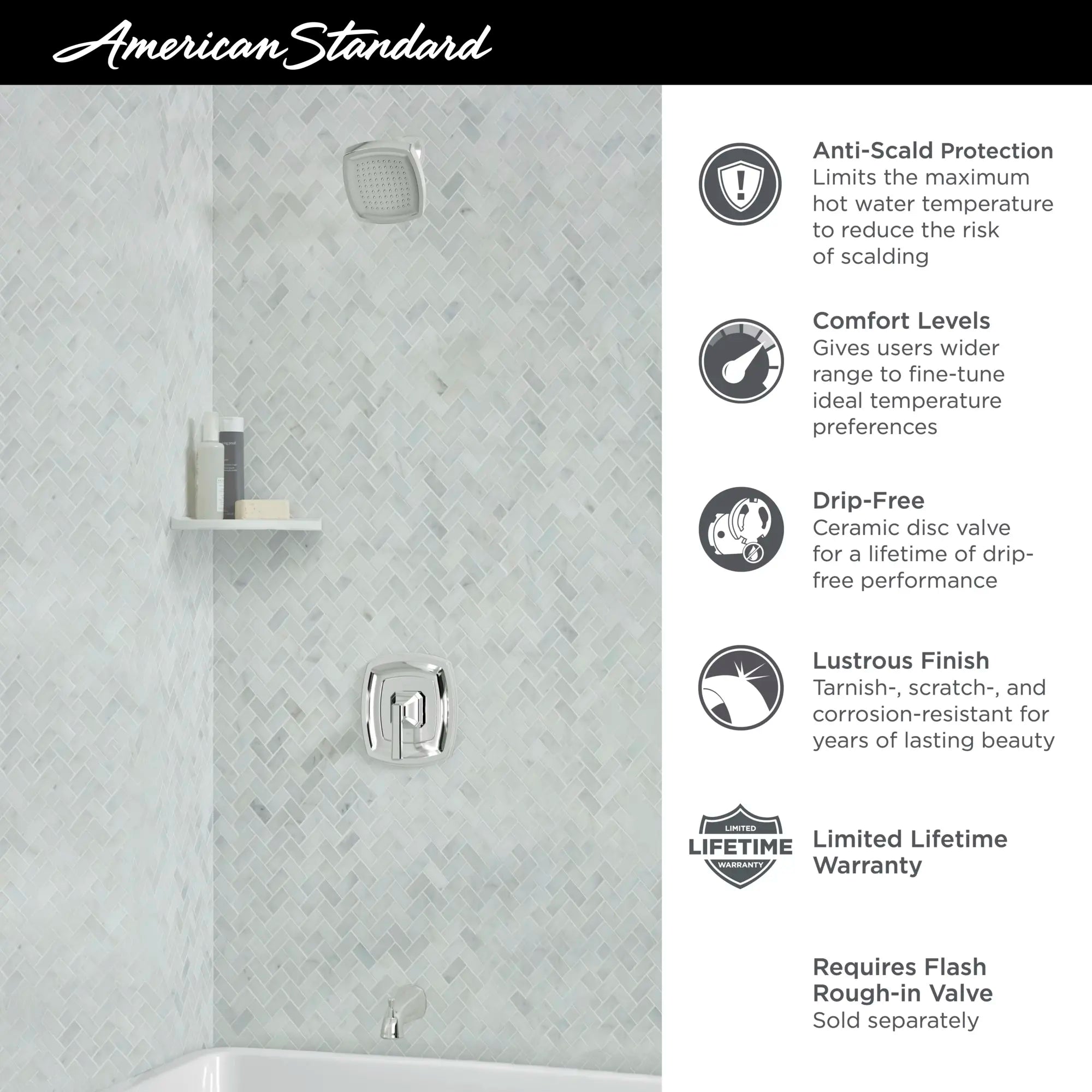 Crawford 1.8 gpm/6.8 L/min Tub and Shower Trim Kit With Water-Saving Showerhead, Double Ceramic Pressure Balance Cartridge With Lever Handle // TUB & SHOWER / POLISHED CHROME // 67359_AS_Crawford_Tub_Shower_TU612502_TU612508_Infographics_1_0_CDNwebp.webp