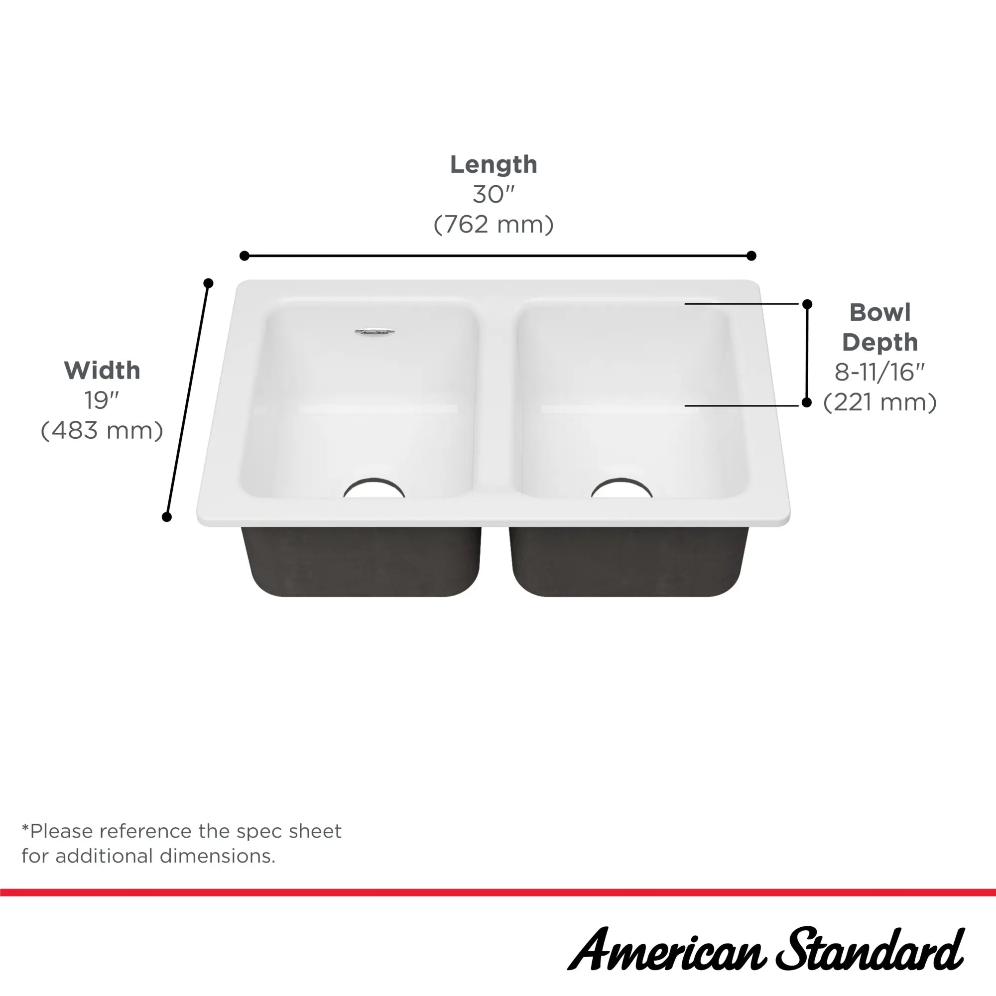 Delancey 30 x 19-Inch Cast Iron Undermount Double-Bowl Kitchen Sink // BRILLIANT WHITE // 67388_Delancey_Infographic_77DB30190308_0001_SEPT2025_1_CDNwebp.webp