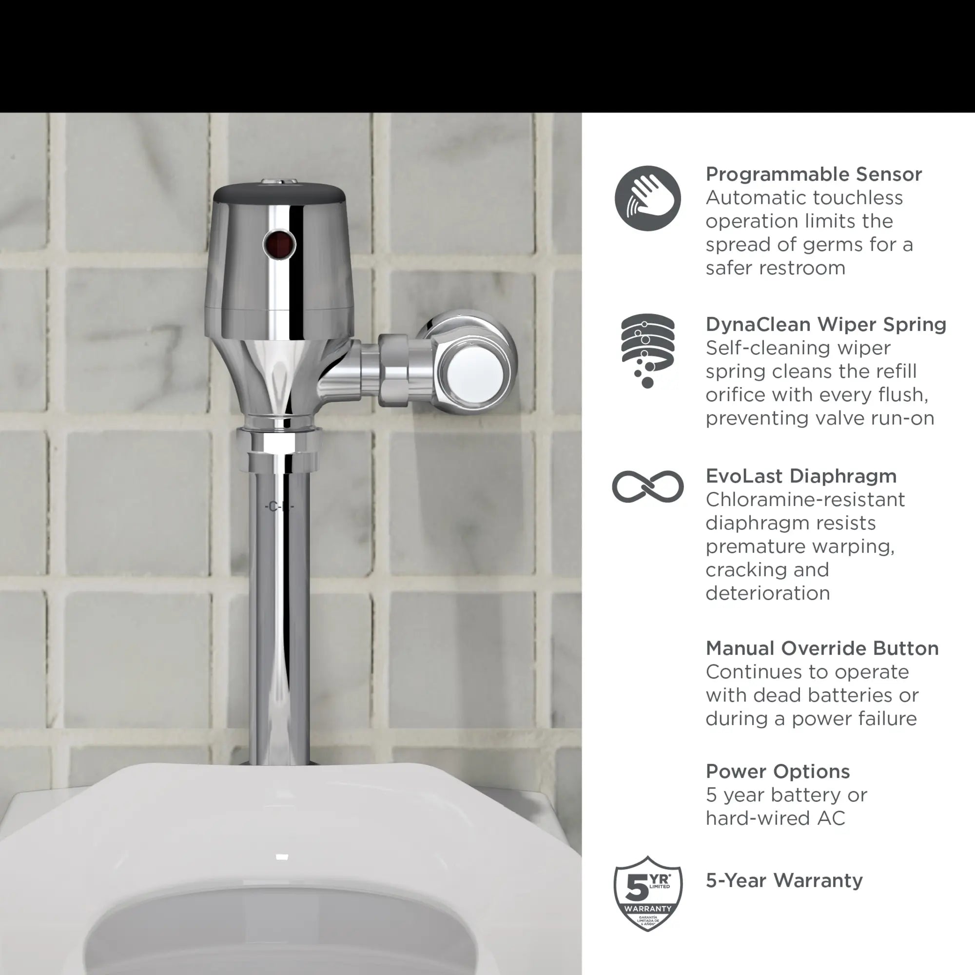 Ultima® Selectronic® Exposed Toilet Flush Valve, Diaphragm Type, Battery, Dual Flush 1.28/1.1 gpf (4.8/4.2 Lpf) // POLISHED CHROME // 67412_AS_Diaphragm_Toilet_Flush_624B121_624B161_6247721_624B721_Valve_Info_1_0_CDNwebp_83f6a0a6-5ac9-4fc3-b6fb-89cf7f9a2b92.webp
