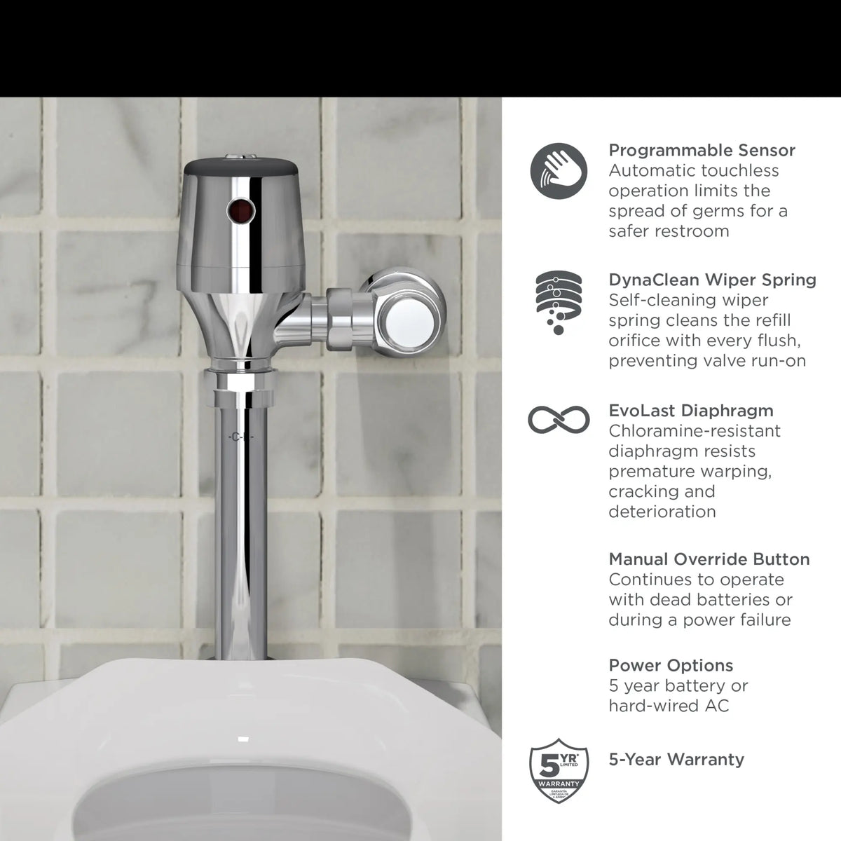 Ultima® Selectronic® Exposed Toilet Flush Valve, Diaphragm Type, Base Model, 1.6 gpf/6.0 Lpf // POLISHED CHROME // 67412_AS_Diaphragm_Toilet_Flush_624B121_624B161_6247721_624B721_Valve_Info_1_0_CDNwebp_fe7b8e34-179f-4952-8a11-62f2702fbfa2.webp