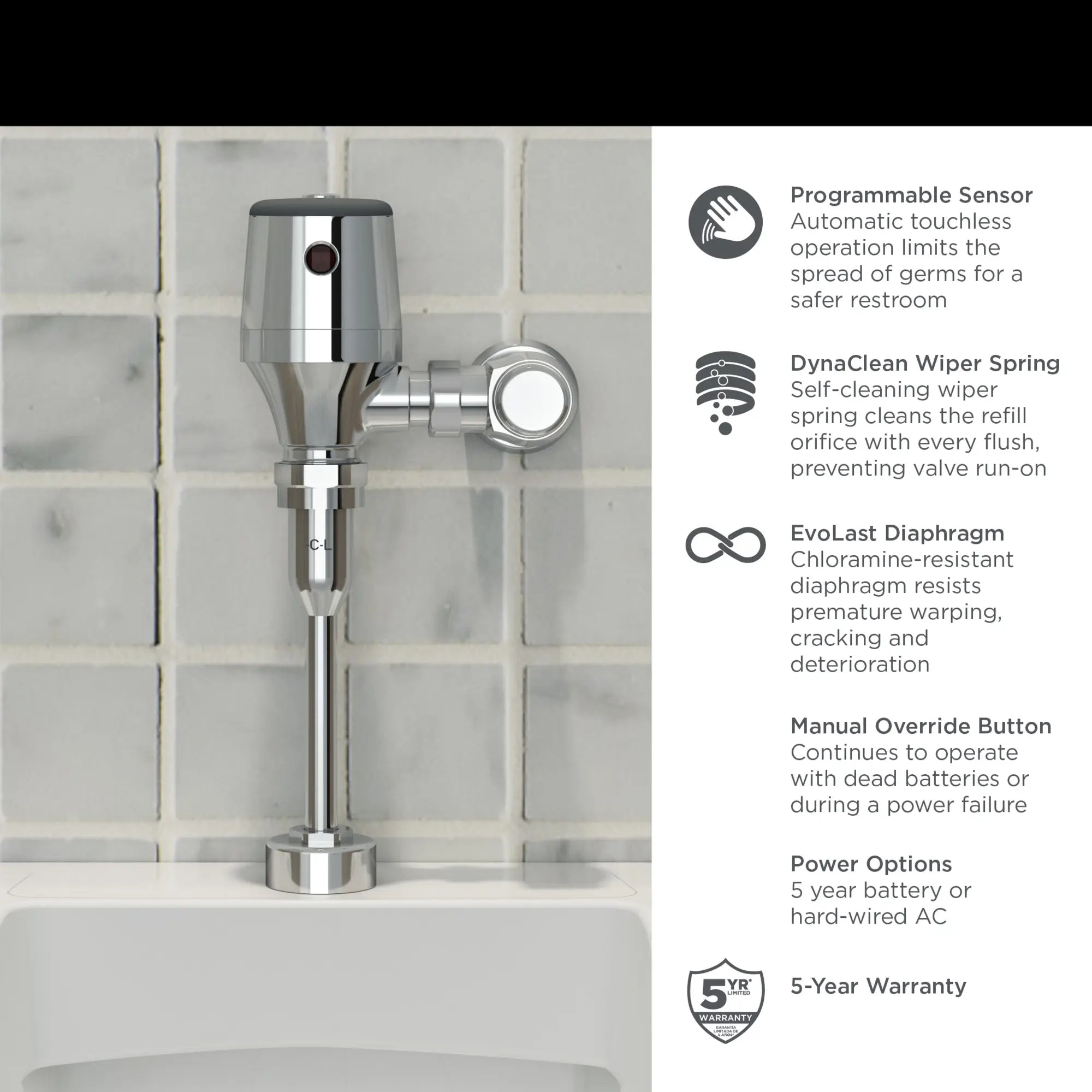 Ultima® Selectronic® Exposed Urinal Flush Valve, Diaphragm Type, Base Model, 0.125 gpf/0.5 Lpf // POLISHED CHROME // 67418_AS_Diaphragm_Urinal_Flush_Valve_624B013_624B051_624B101_Info_1_0_CDNwebp.webp