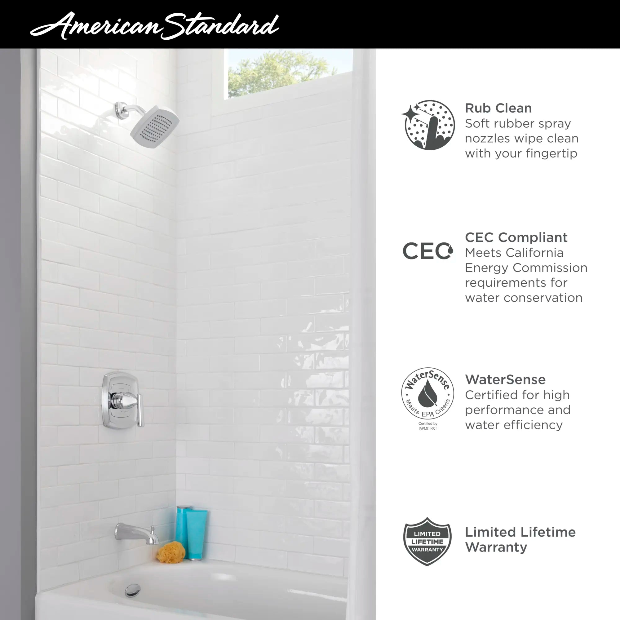 Edgemere® 1.8 gpm/6.8 L/min Tub and Shower Trim Kit With Water-Saving Showerhead, Double Ceramic Pressure Balance Cartridge With Lever Handle // TUB & SHOWER / 1.8 GPM / POLISHED CHROME // 67433_2019_AS_Edgemere_Showers_Infographics_F1_0_CDNwebp.webp