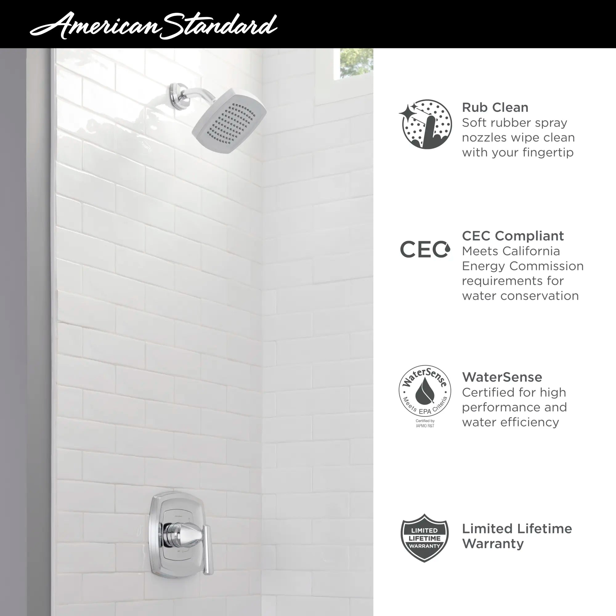 Edgemere® 1.8 gpm/6.8 L/min Shower Trim Kit With Water-Saving Showerhead, Double Ceramic Pressure Balance Cartridge With Lever Handle // SHOWER / 1.8 GPM / POLISHED CHROME // 67439_2019_AS_Edgemere_Showers_Infographics_F3_0_CDNwebp.webp