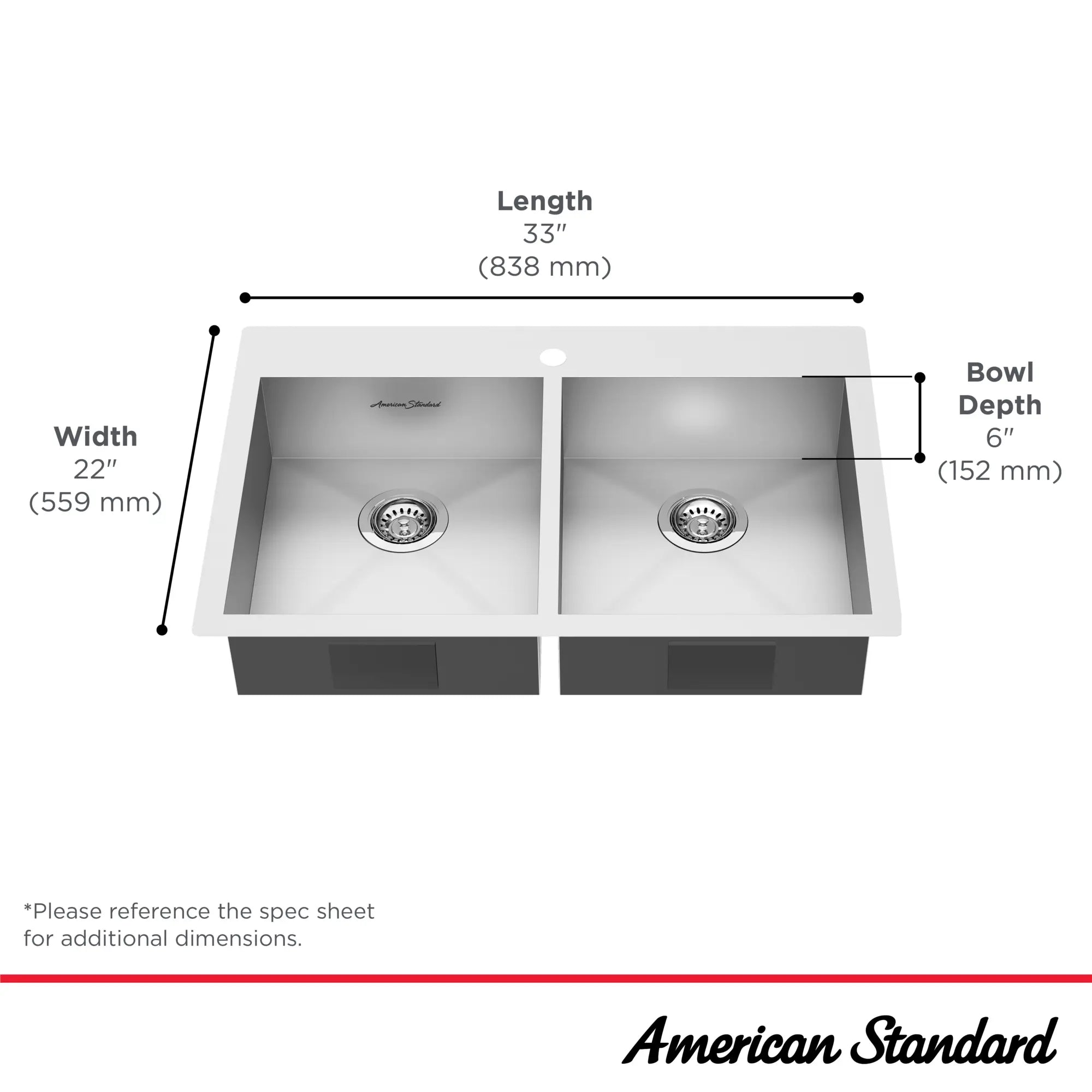 Edgewater® 33 x 22-Inch Stainless Steel 1-Hole Dual Mount Double-Bowl ADA Kitchen Sink // STAINLESS STEEL // 67486_Edgewater_Infographic_18DB6332211_0001_SEPT2025_1_CDNwebp.webp