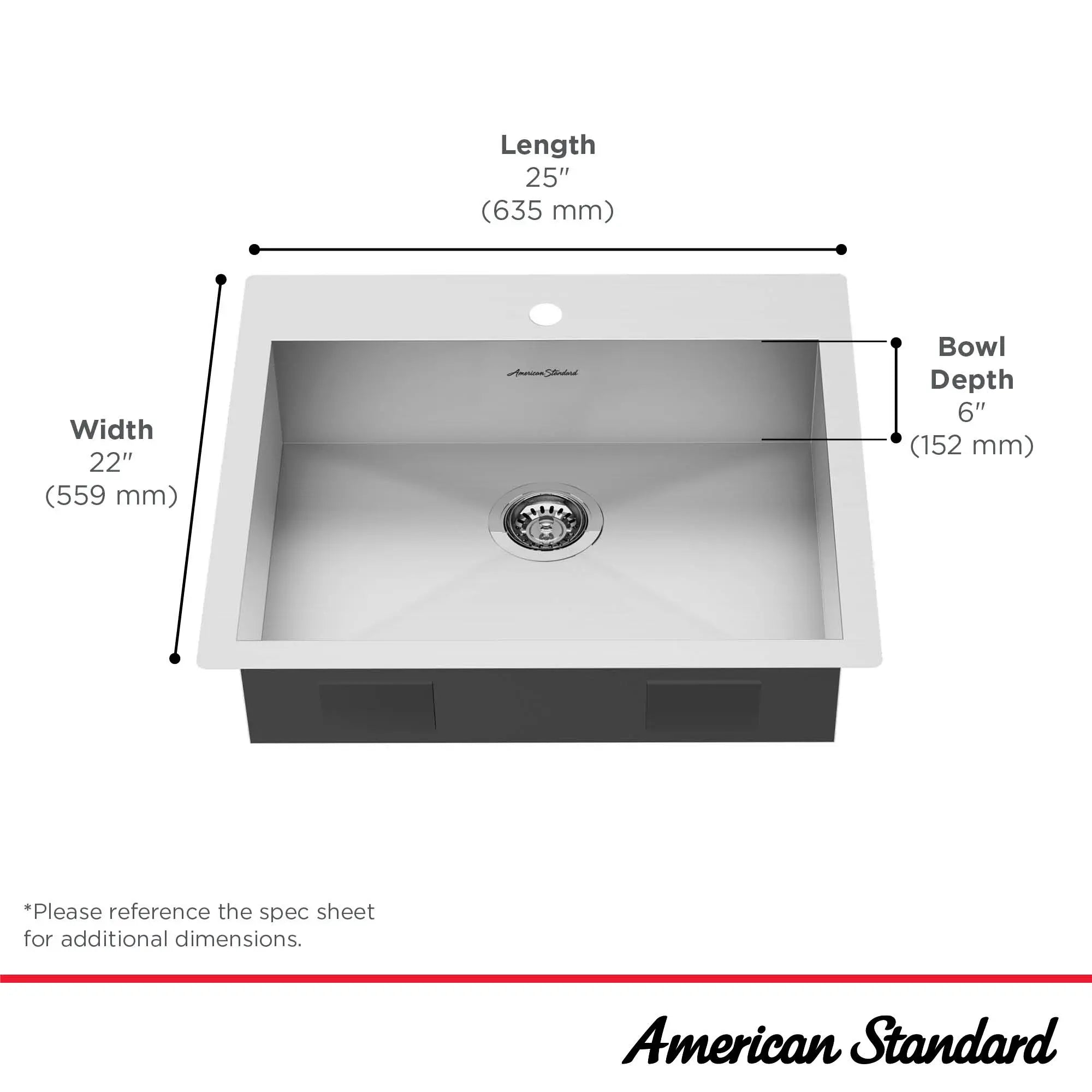 Edgewater® 25 x 22-Inch Stainless Steel 1-Hole Dual Mount Single-Bowl ADA Kitchen Sink // STAINLESS STEEL // 67491_Edgewater_Infographic_18SB6252211_0001_SEPT2025_2_CDNwebp.webp