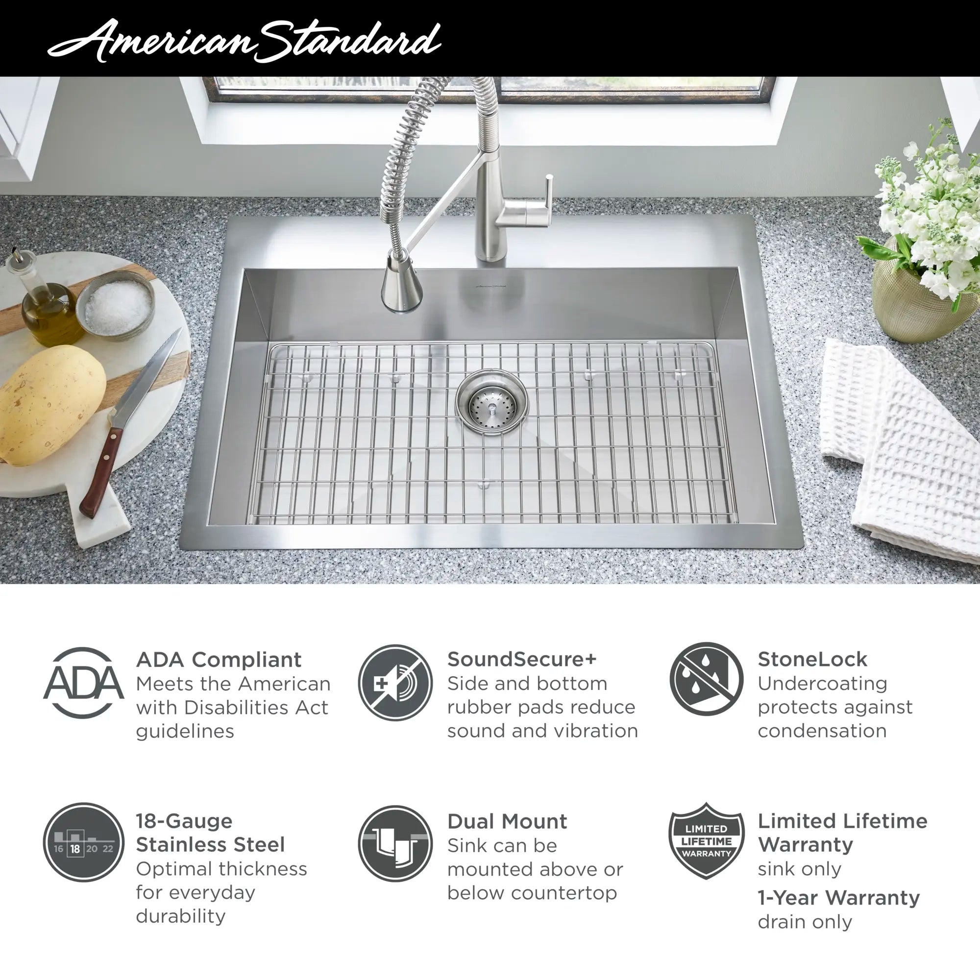 Edgewater® 33 x 22-Inch Stainless Steel 1-Hole Dual Mount Single-Bowl ADA Kitchen Sink // STAINLESS STEEL // 67492_AS_Edgewater_Info_18SB6332211075_1_0_CDNwebp.webp