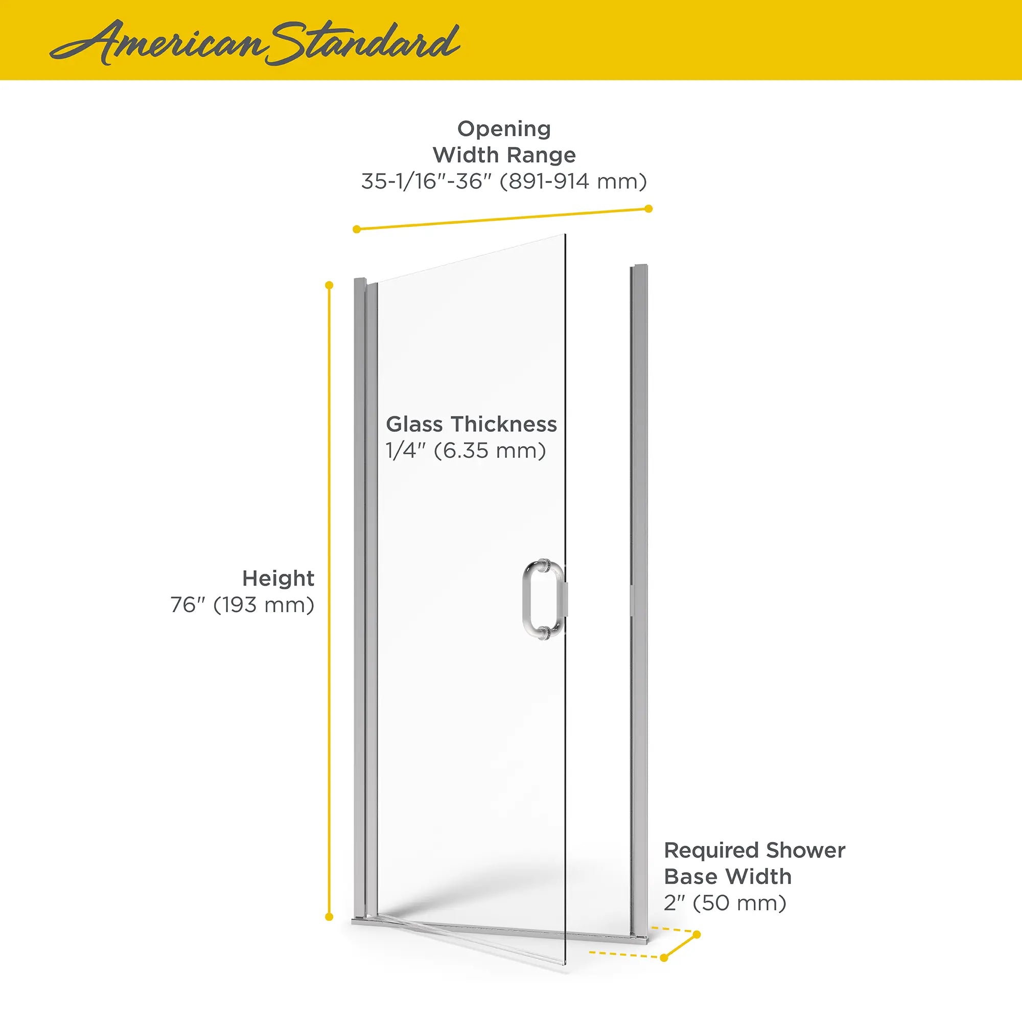 36 x 76-Inch Height Semi-Frameless Swing Door // SILVER SHINE // 67823_AS_Shower_Doors_AM00819400213_Infographic_0_CDNwebp.webp